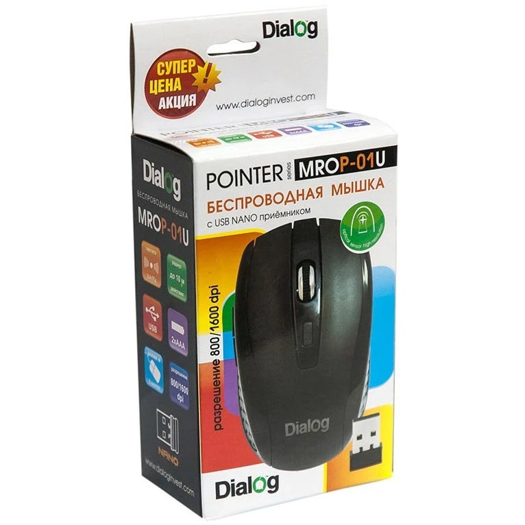 Мышь MROP-01U BLACK Dialog Pointer RF 2.4G Optical - 5 кнопок + ролик прокрутки, USB, черная