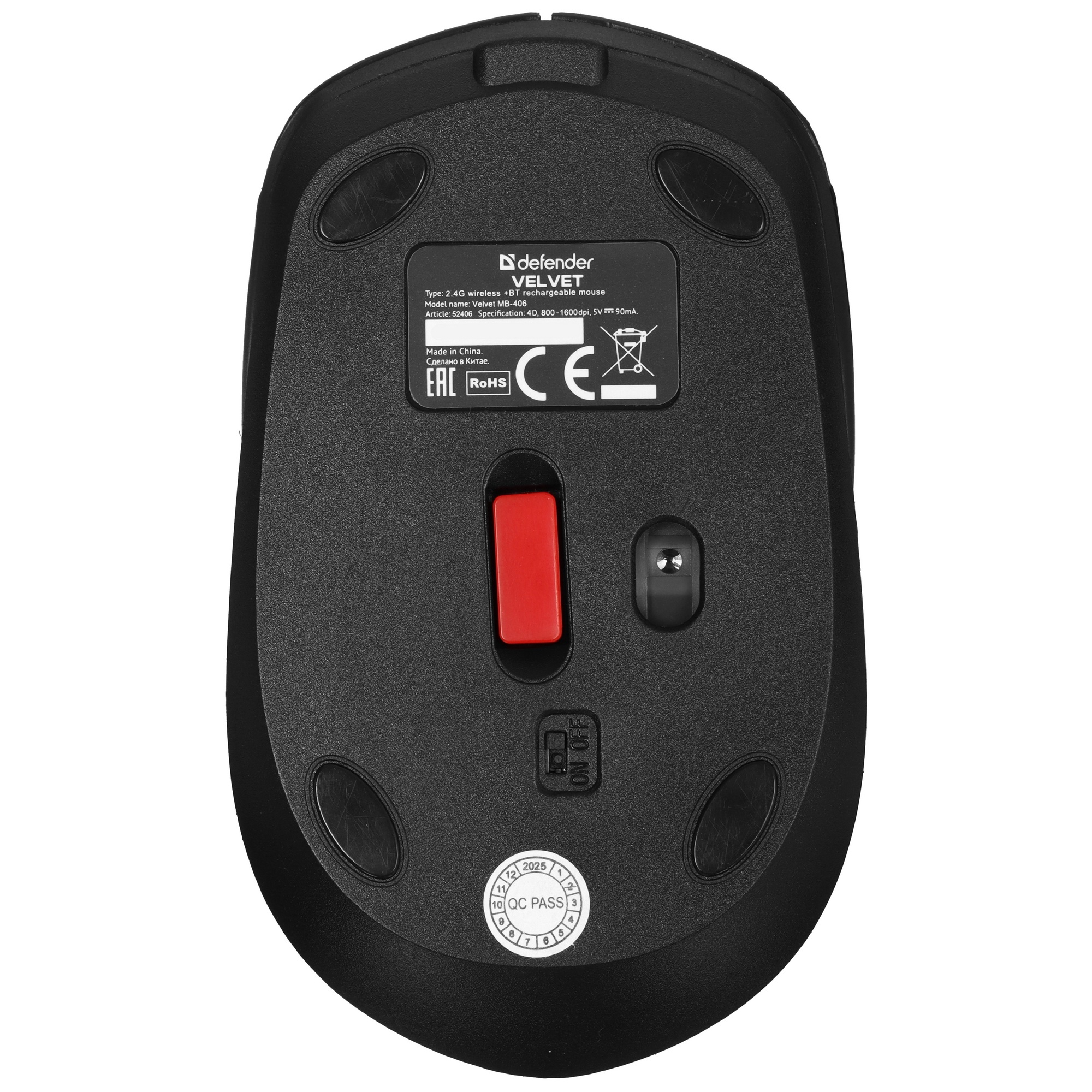 Мышь беспроводная Defender Velvet MB-406 черный, 1600 dpi, радиоканал, Bluetooth, USB, кнопки - 4