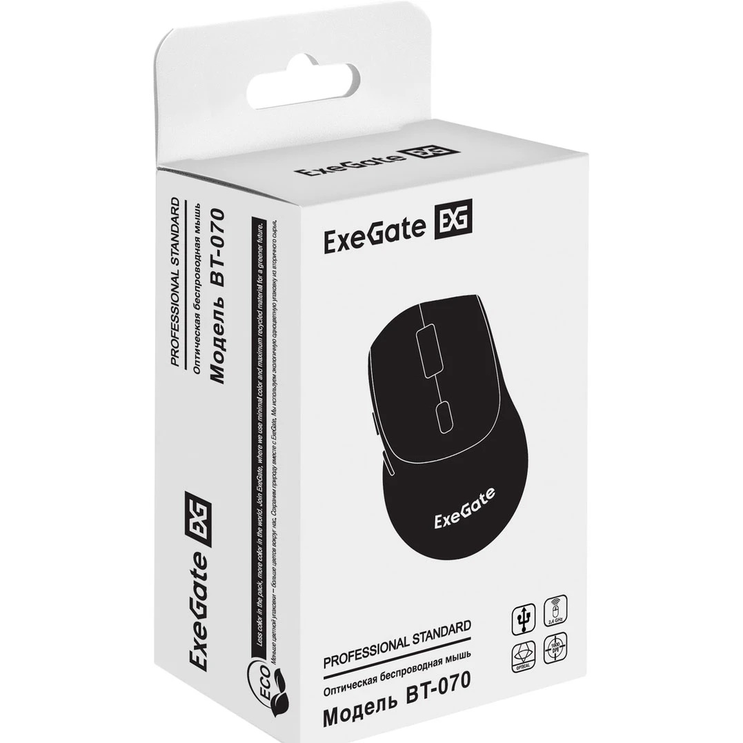 Мышь беспроводная ExeGate Professional Standard BT-070 черный, 1600 dpi, радиоканал, Bluetooth, USB,
