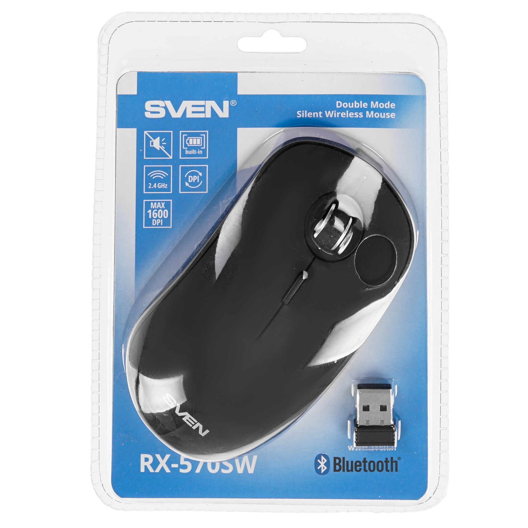 Мышь беспроводная SVEN RX-570SW черный, 1600 dpi, радиоканал, Bluetooth, USB, кнопки - 4