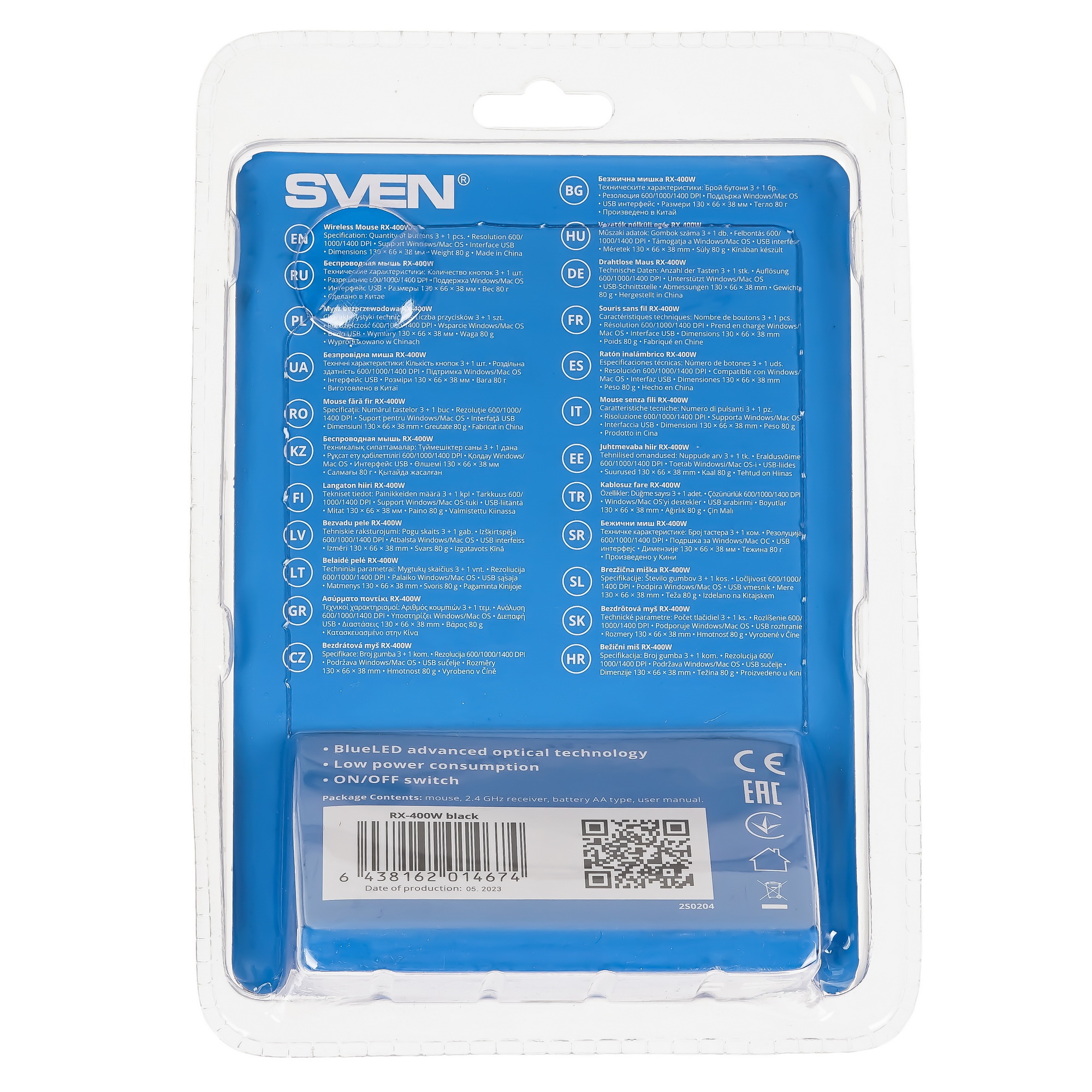 Мышь беспроводная SVEN RX-400W черный, 1400 dpi, радиоканал, USB, кнопки - 4