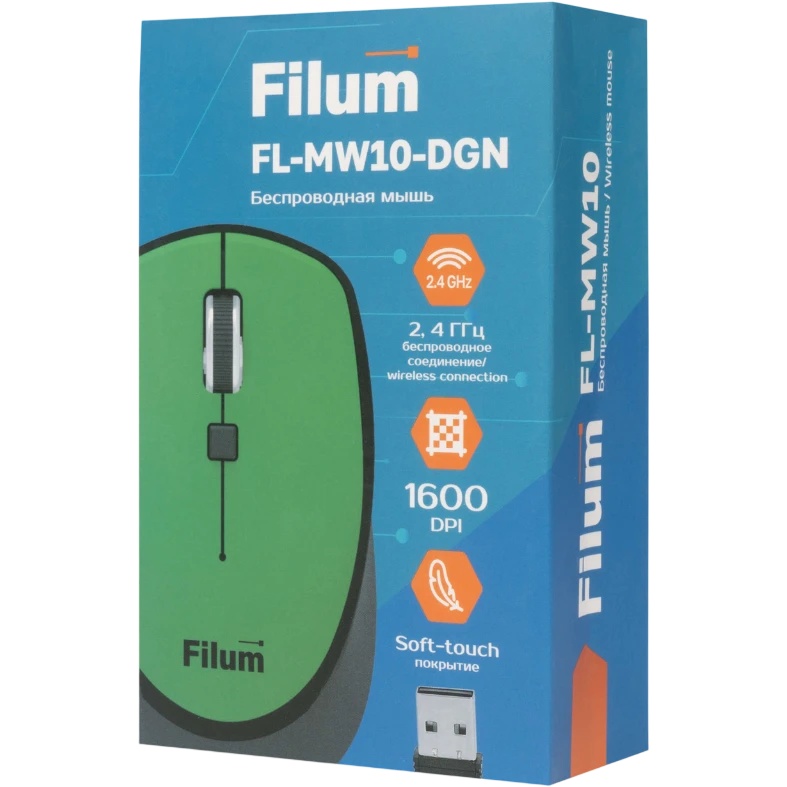 Мышь Wireless Filum FL-MW10-DGN оптическая 2.4 ГГц USB 4 кл., DPI: 800/1200/1600, питание АА 1 шт.,