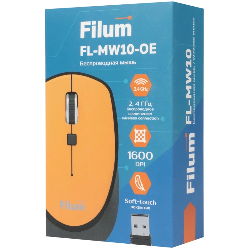 Мышь Wireless Filum FL-MW10-OE оптическая 2.4 ГГц USB 4 кл., DPI: 800/1200/1600, питание АА 1 шт., ч