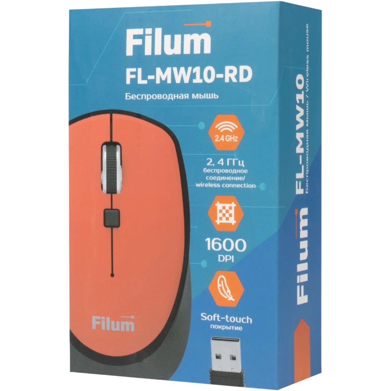 Мышь Wireless Filum FL-MW10-RD оптическая 2.4 ГГц USB 4 кл., DPI: 800/1200/1600, питание АА 1 шт., ч