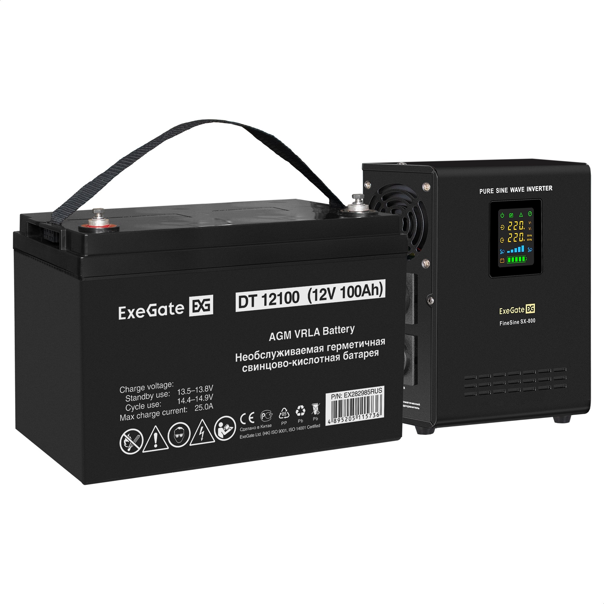 Комплект ИБП ExeGate FineSine SX-800.LCD.AVR.2SH + Батарея 100Aч, 1 шт. (ИБП  + АКБ , 1шт.)