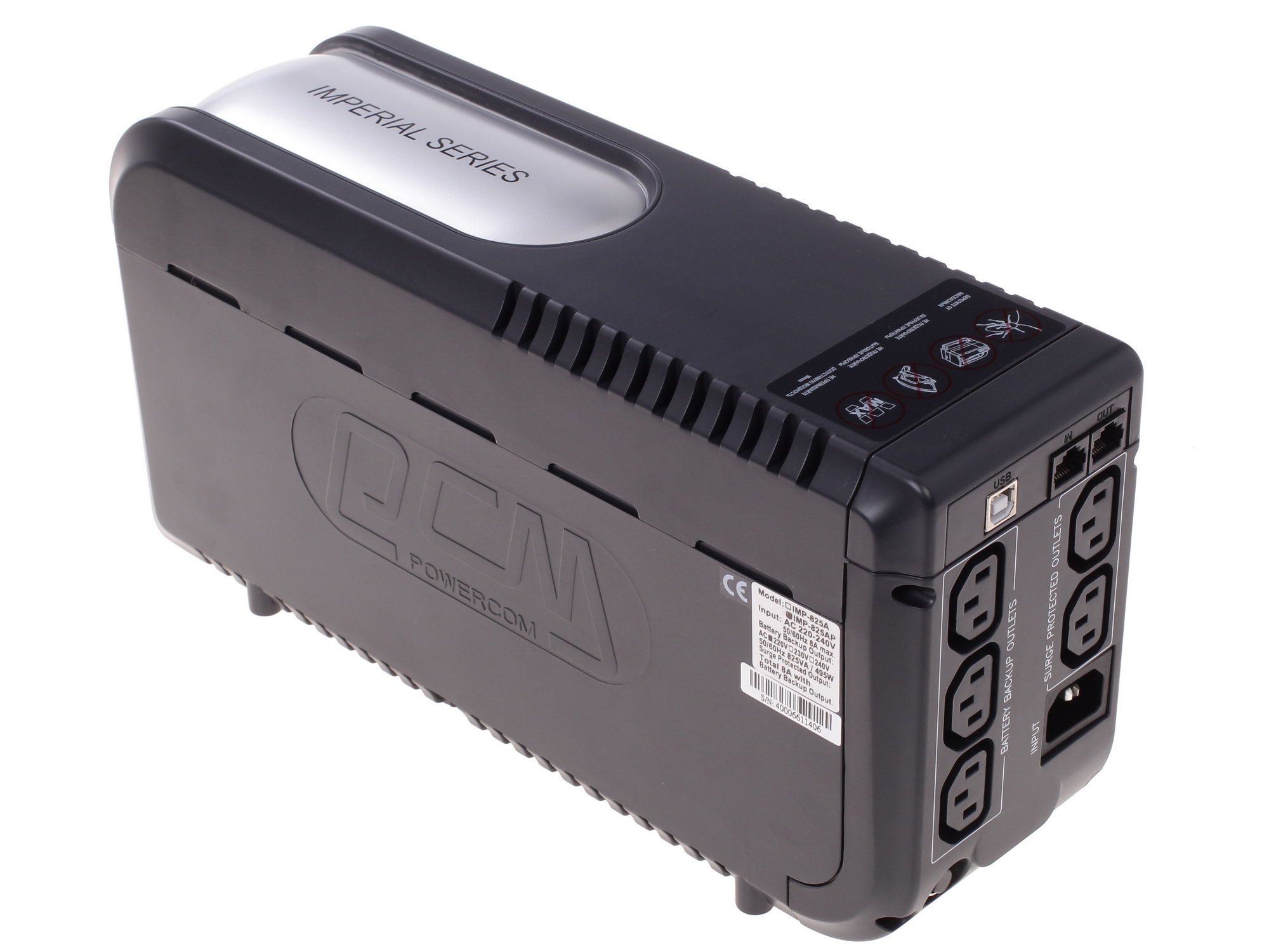 Источник бесперебойного питания Powercom Back-UPS IMPERIAL, Line-Interactive, 825VA/495W, Tower, 5*IEC320-C13 (2 surge & 3 batt), USB (507305)