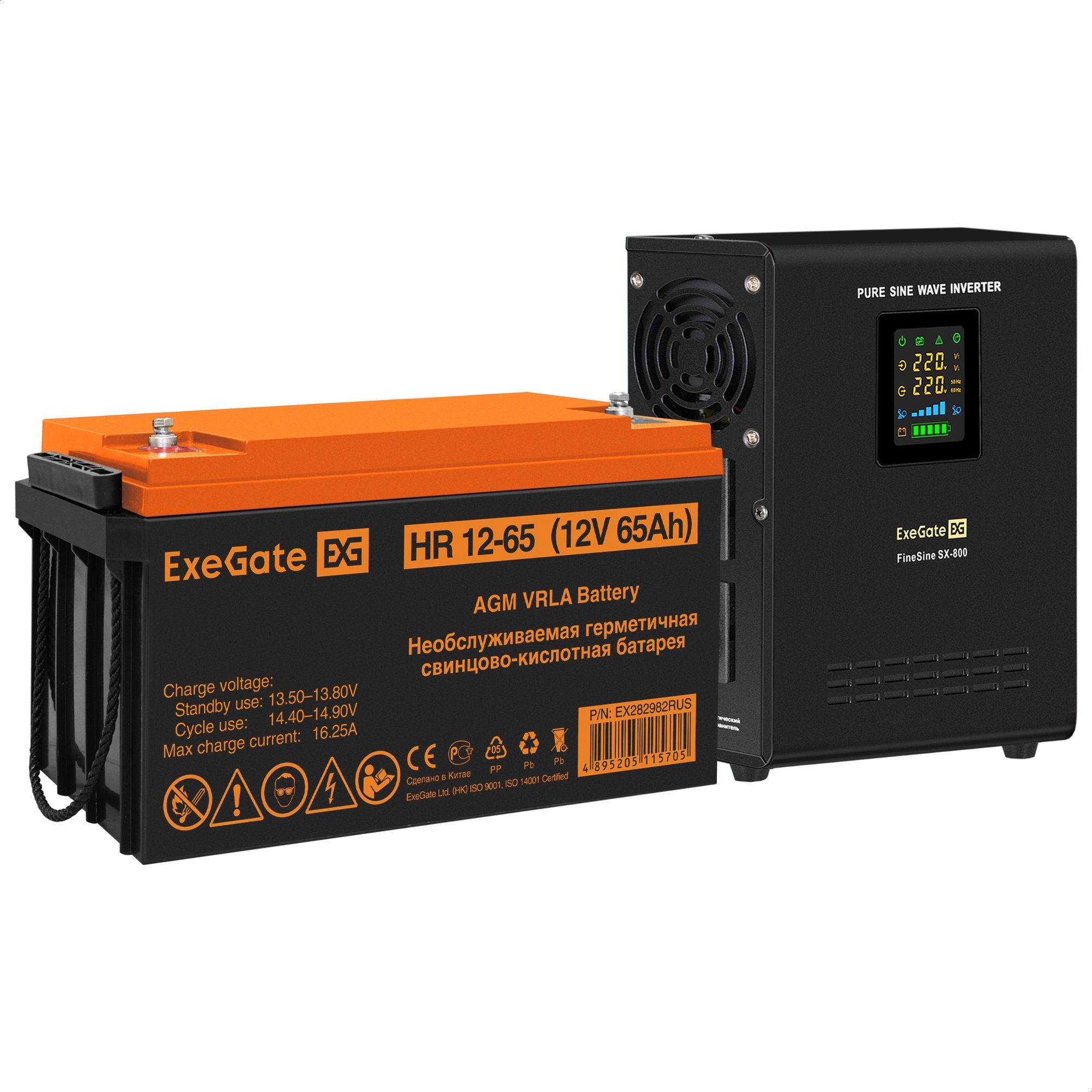 Комплект ИБП ExeGate FineSine SX-800.LCD.AVR.2SH + Батарея 65Aч, 1 шт. (ИБП  + АКБ , 1шт.)