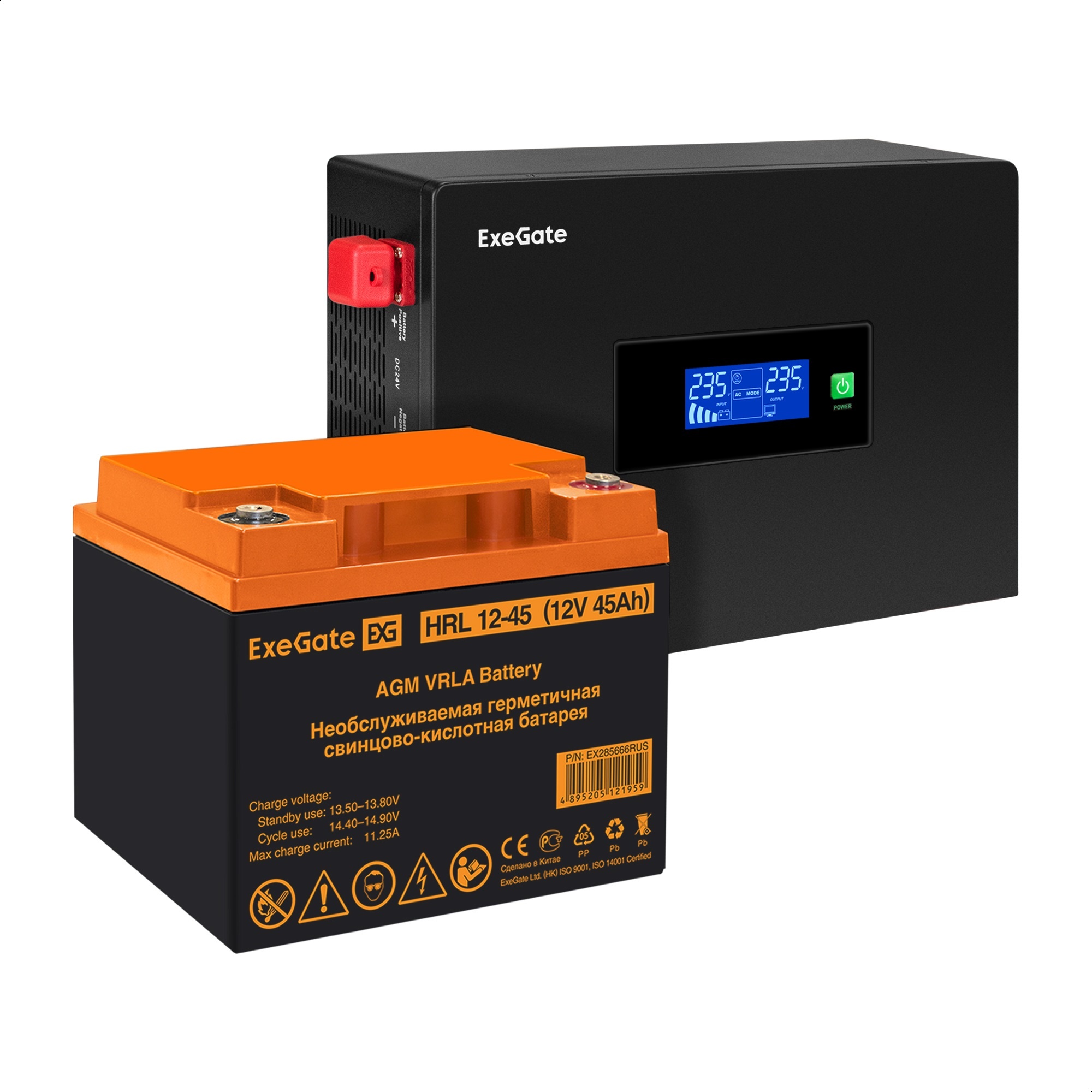 Комплект ИБП ExeGate IdealSine SR-600.LCD.2SH + Батарея 45Aч, 1 шт. (ИБП  + АКБ , 1шт.)