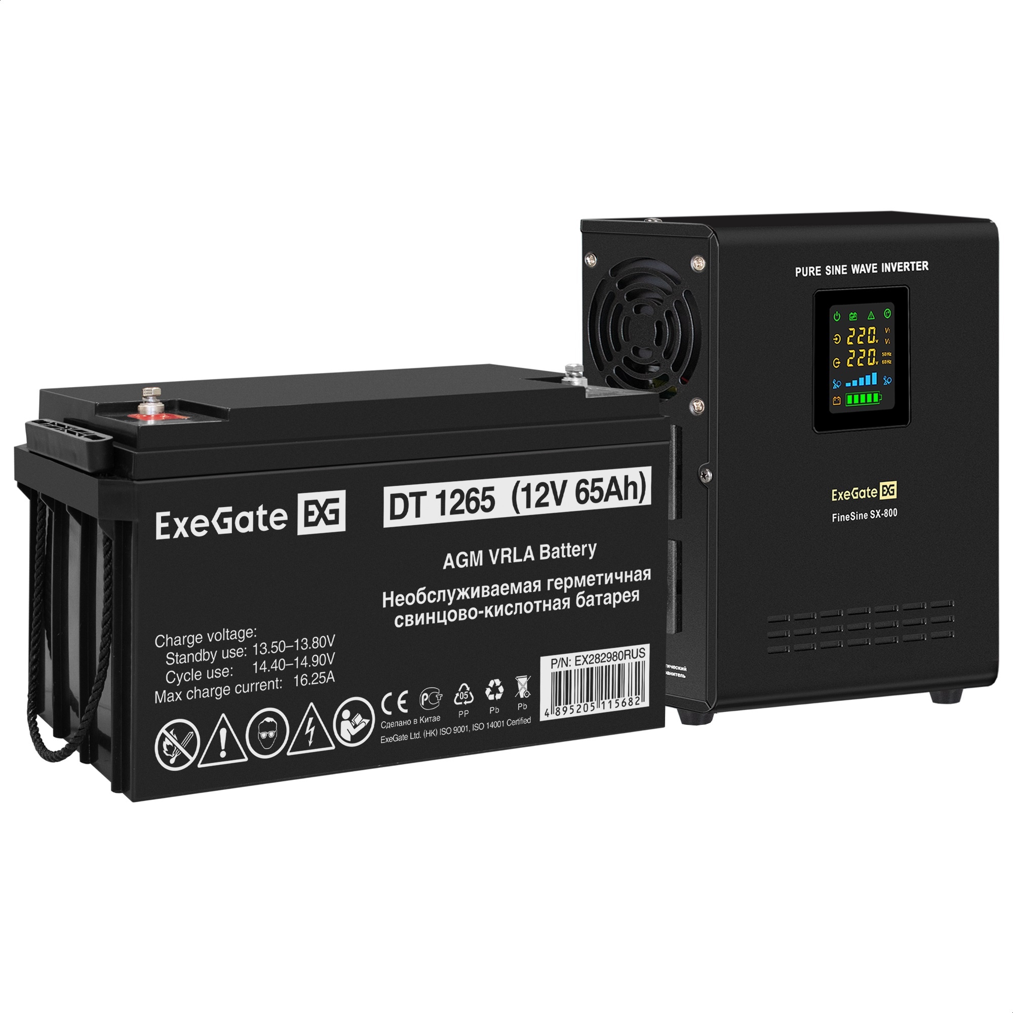 Комплект ИБП ExeGate FineSine SX-800.LCD.AVR.2SH + Батарея 65Aч, 1 шт. (ИБП  + АКБ , 1шт.)