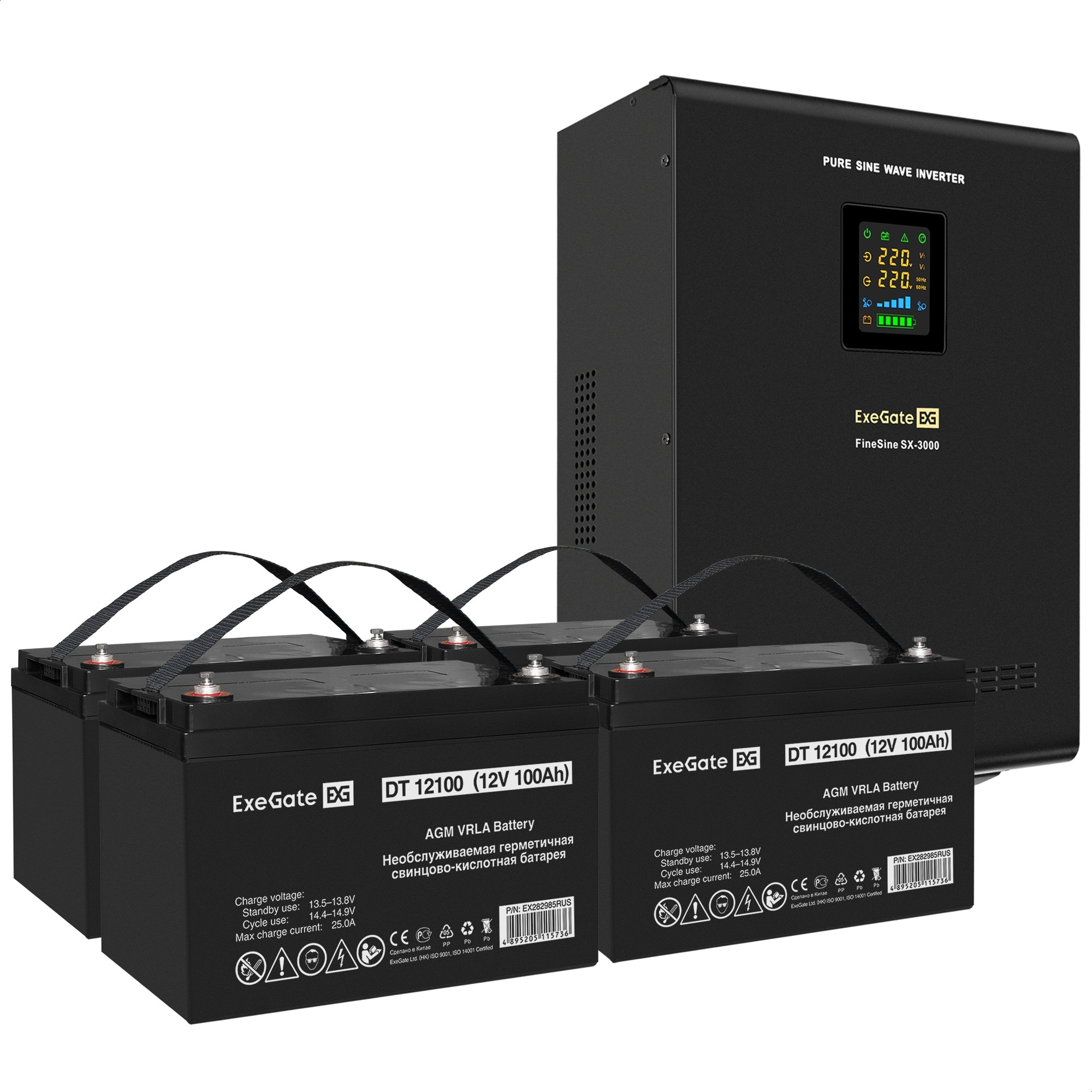 Комплект ИБП ExeGate FineSine SX-3000.LCD.AVR.2SH.T + Батарея 100Aч, 4 шт. (ИБП  + АКБ , 4шт.)