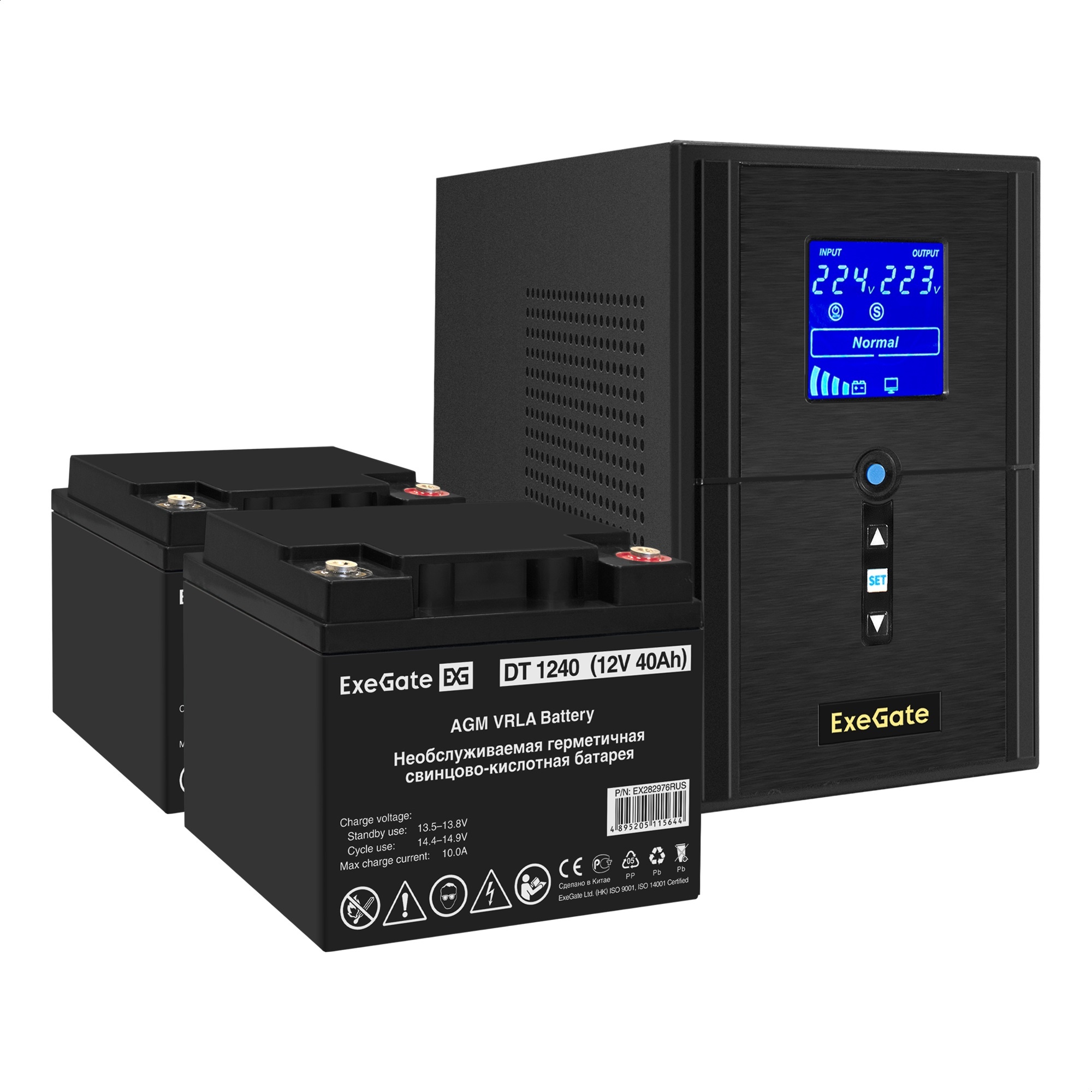 Комплект ИБП ExeGate SineTower SZ-1000.LCD.AVR.2SH.1C13.USB + Батарея 40Aч, 2 шт. (ИБП  + АКБ , 2шт.)