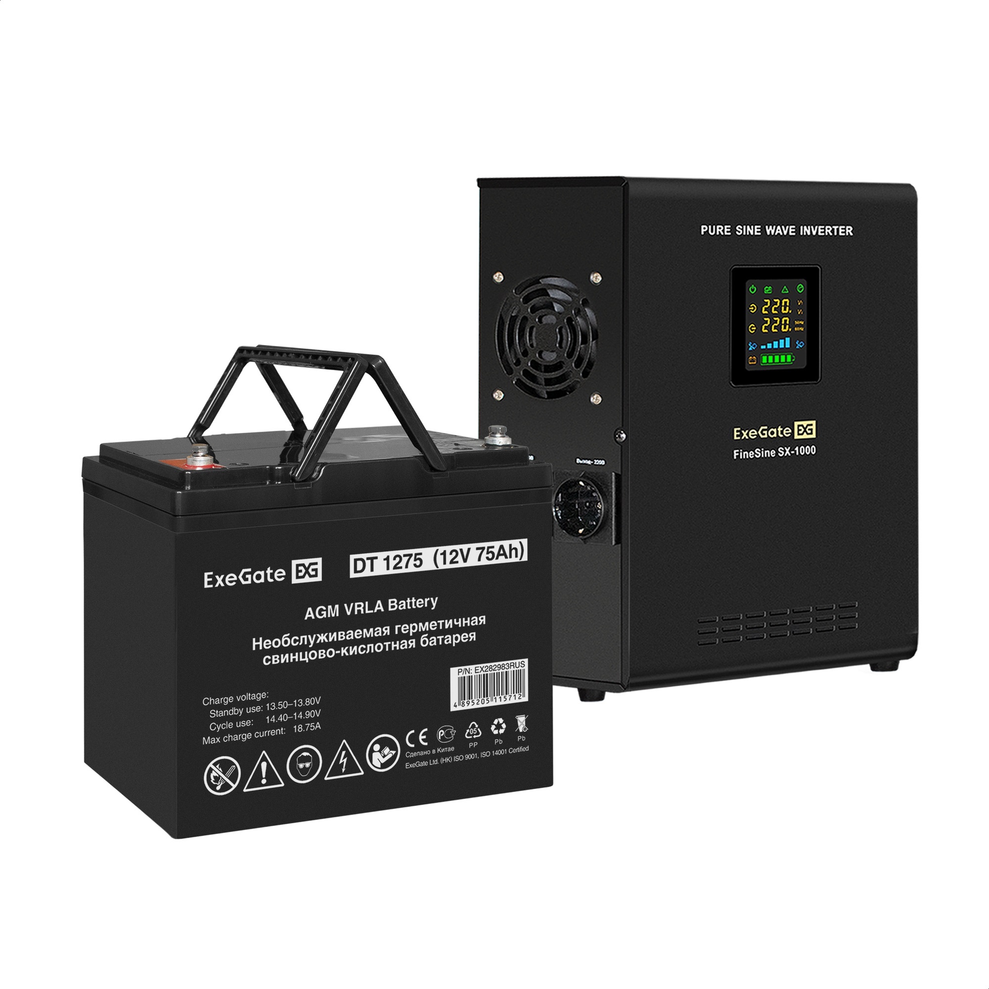 Комплект ИБП ExeGate FineSine SX-1000.LCD.AVR.2SH + Батарея 75Aч, 1 шт. (ИБП  + АКБ , 1шт.)