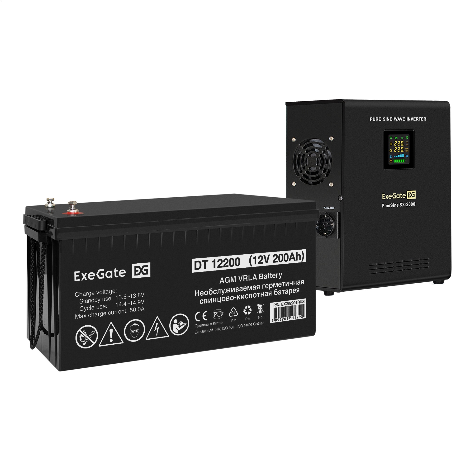 Комплект ИБП ExeGate FineSine SX-1000.LCD.AVR.2SH + Батарея 200Aч, 1 шт. (ИБП  + АКБ , 1шт.)