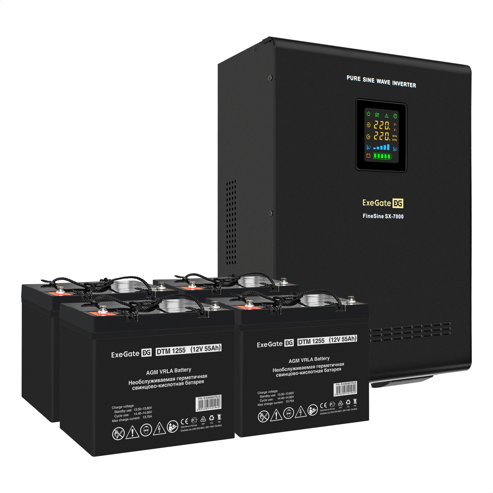 Комплект ИБП ExeGate FineSine SX-7000.LCD.AVR.2SH.T + Батарея 55Aч, 4 шт. (ИБП + АКБ , 4шт.)