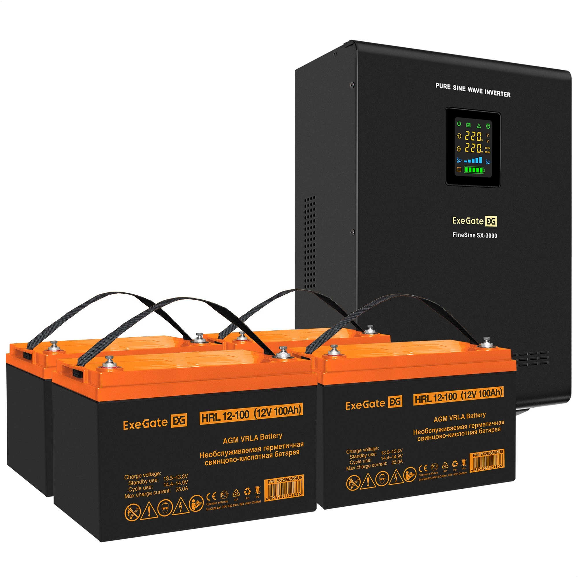 Комплект ИБП ExeGate FineSine SX-3000.LCD.AVR.2SH.T + Батарея 100Aч, 4 шт. (ИБП  + АКБ , 4шт.)