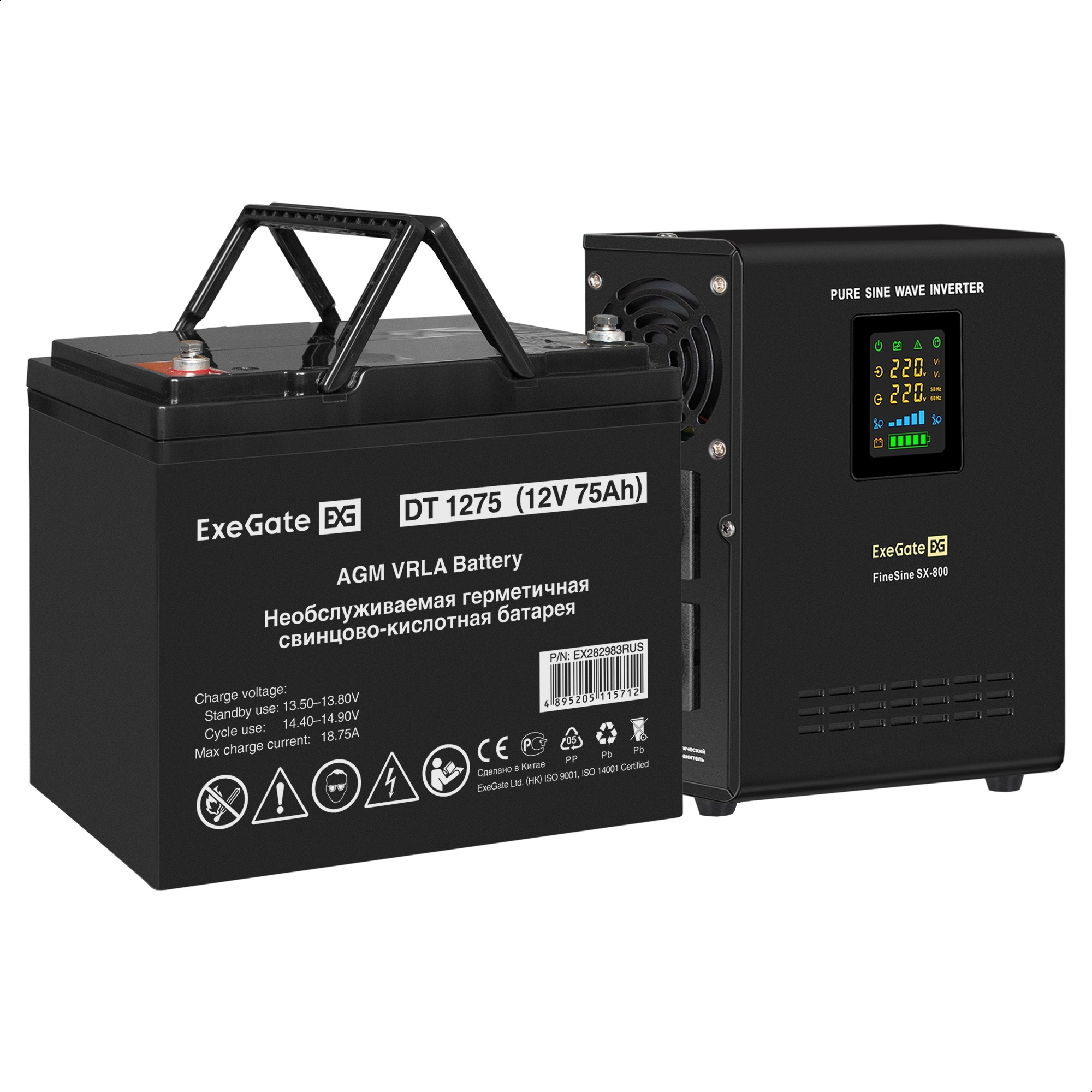 Комплект ИБП ExeGate FineSine SX-800.LCD.AVR.2SH + Батарея 75Aч, 1 шт. (ИБП  + АКБ , 1шт.)