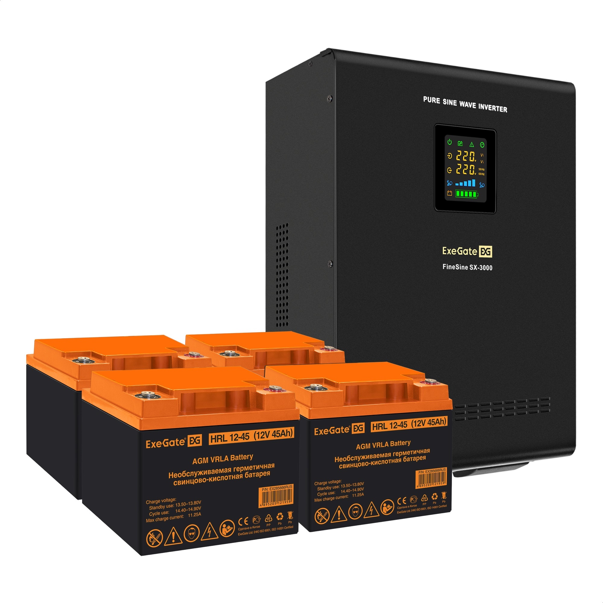 Комплект ИБП ExeGate FineSine SX-3000.LCD.AVR.2SH.T + Батарея 45Aч, 4 шт. (ИБП  + АКБ , 4шт.)