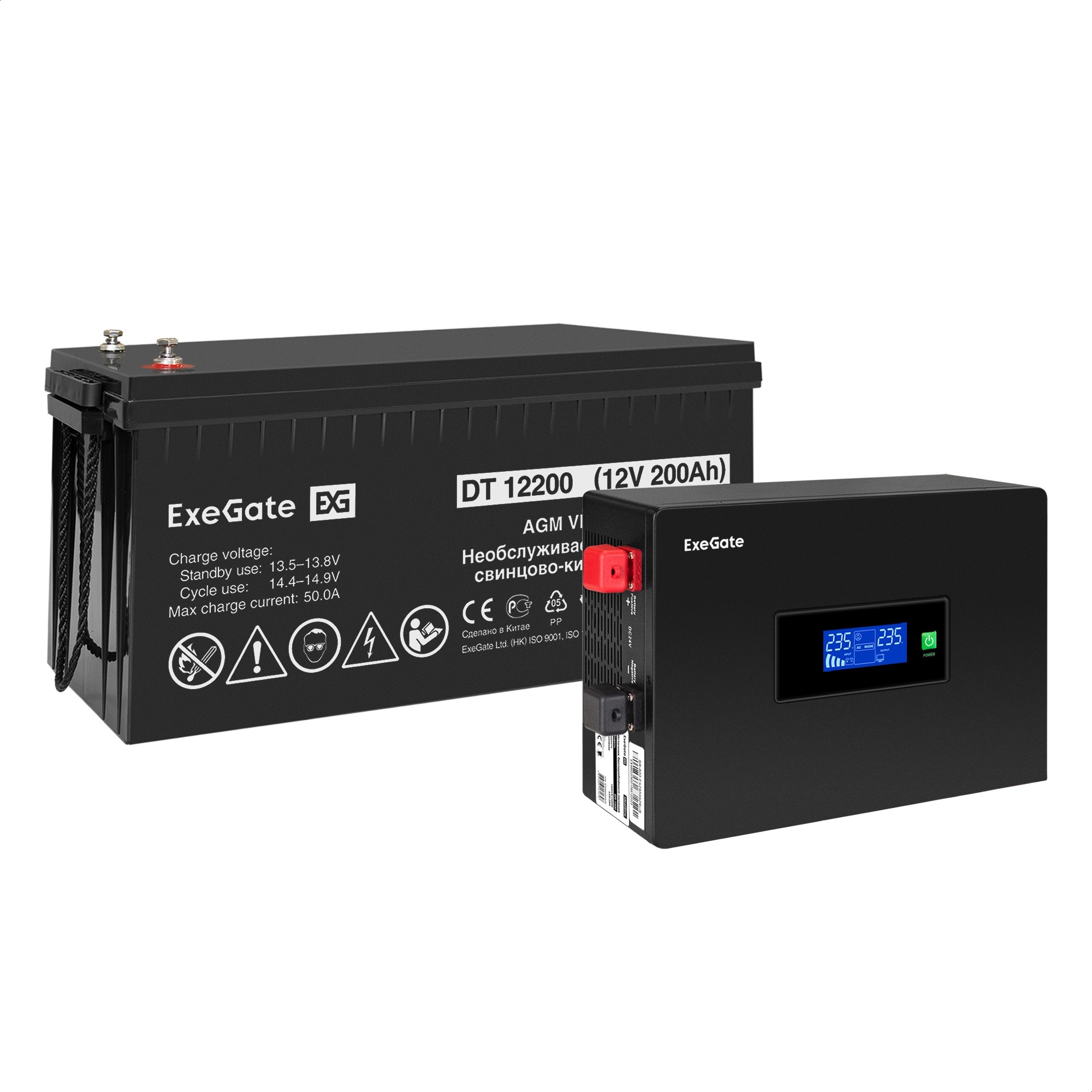Комплект ИБП ExeGate IdealSine SR-600.LCD.2SH + Батарея 200Aч, 1 шт. (ИБП  + АКБ , 1шт.)