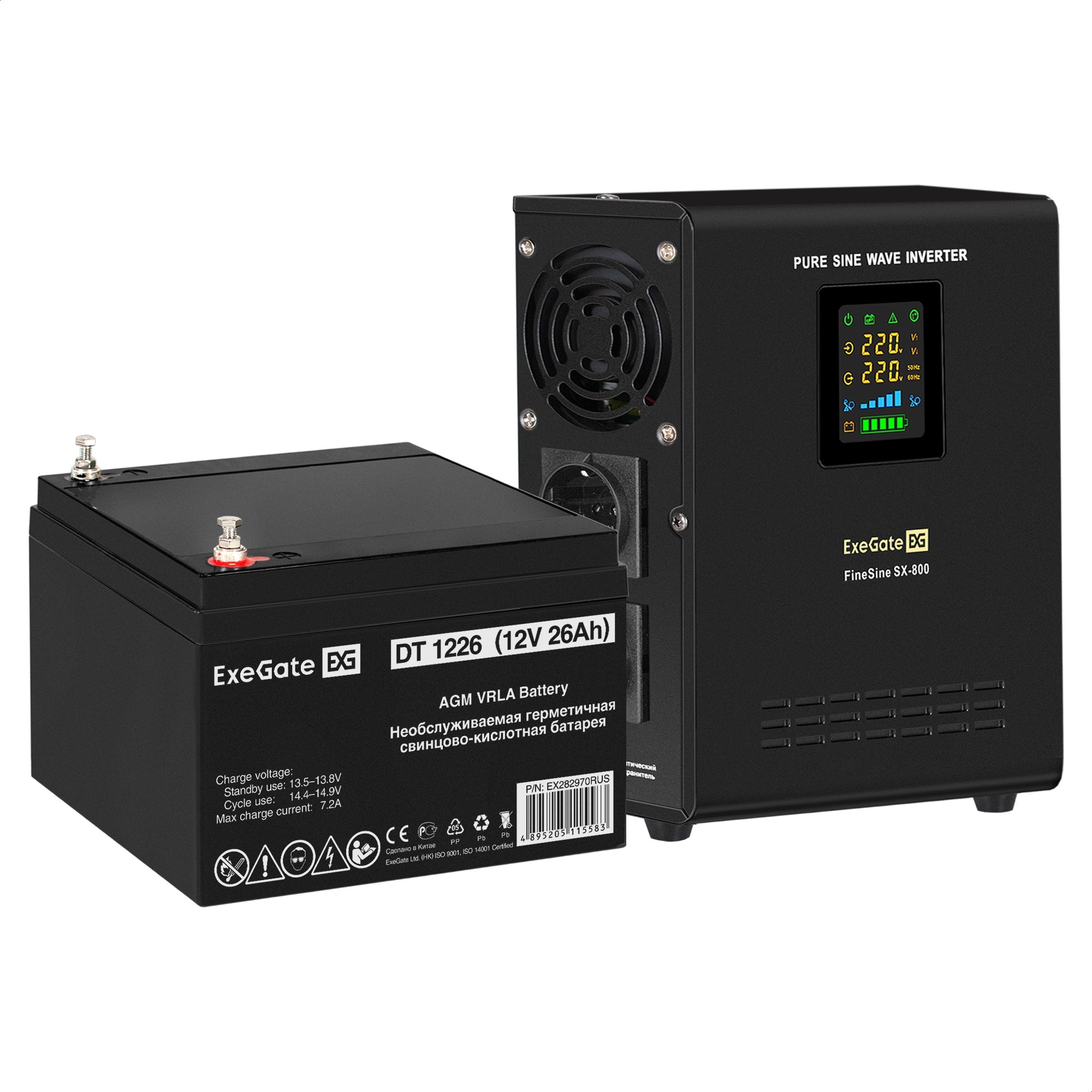 Комплект ИБП ExeGate FineSine SX-800.LCD.AVR.2SH + Батарея 26Aч, 1 шт. (ИБП  + АКБ , 1шт.)