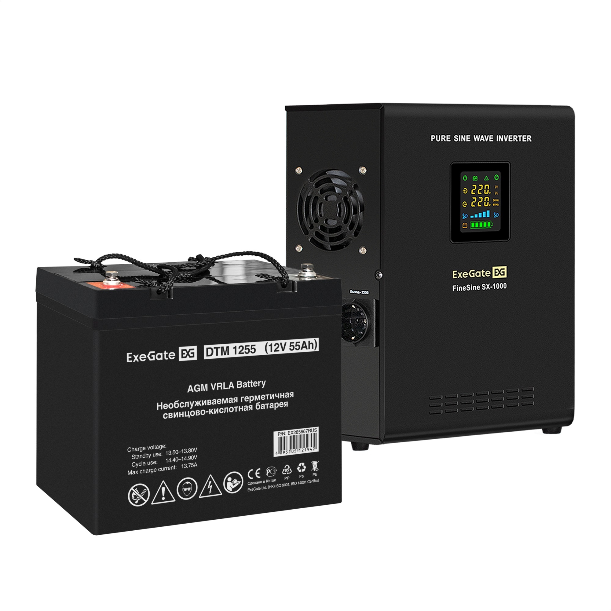 Комплект ИБП ExeGate FineSine SX-1000.LCD.AVR.2SH + Батарея 55Aч, 1 шт. (ИБП  + АКБ , 1шт.)