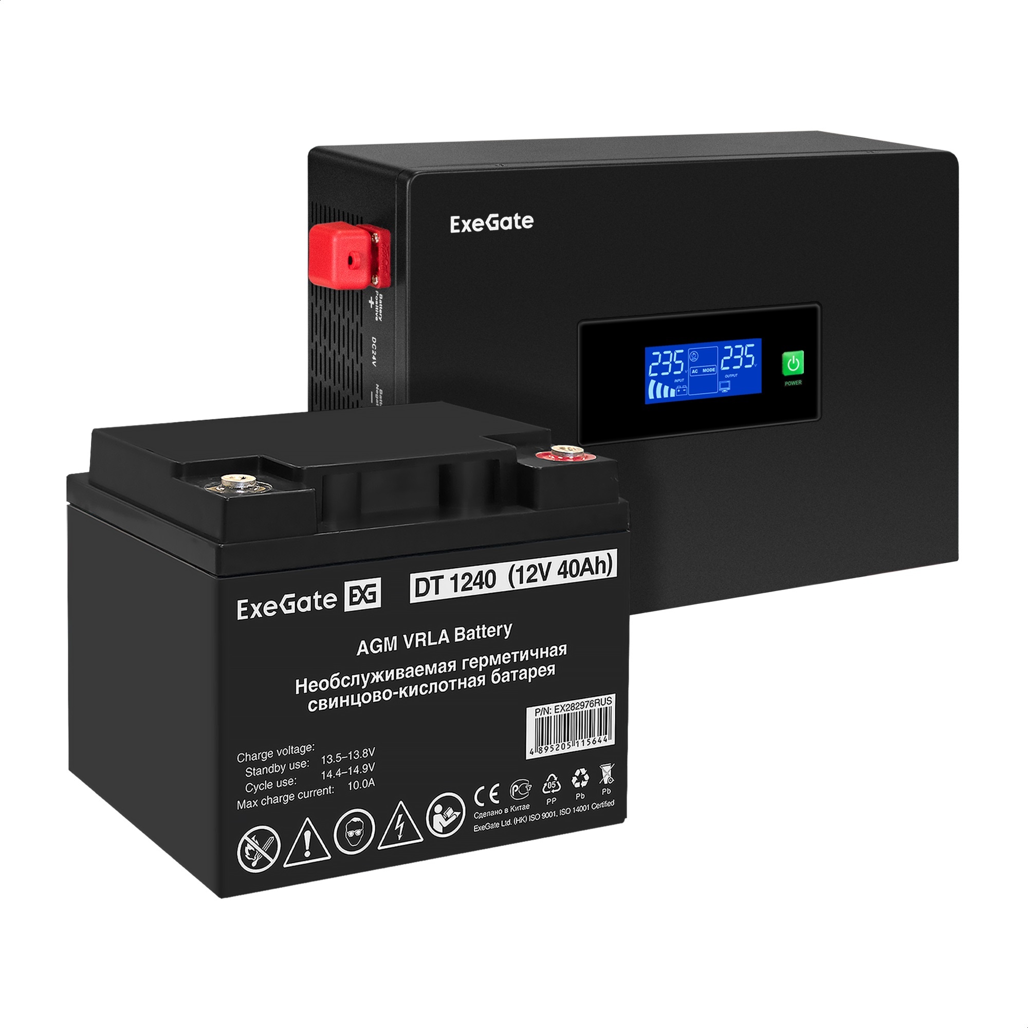 Комплект ИБП ExeGate IdealSine SR-600.LCD.2SH + Батарея 40Aч, 1 шт. (ИБП + АКБ , 1шт.)