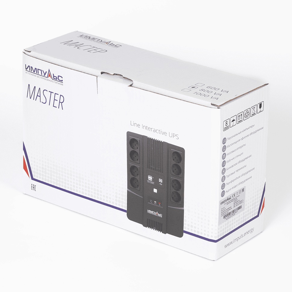 ИБП МАСТЕР 800, 800/480 ВА/Вт, LED, USB, RJ11/RJ45, SCHUKOx8 Импульс MT80103