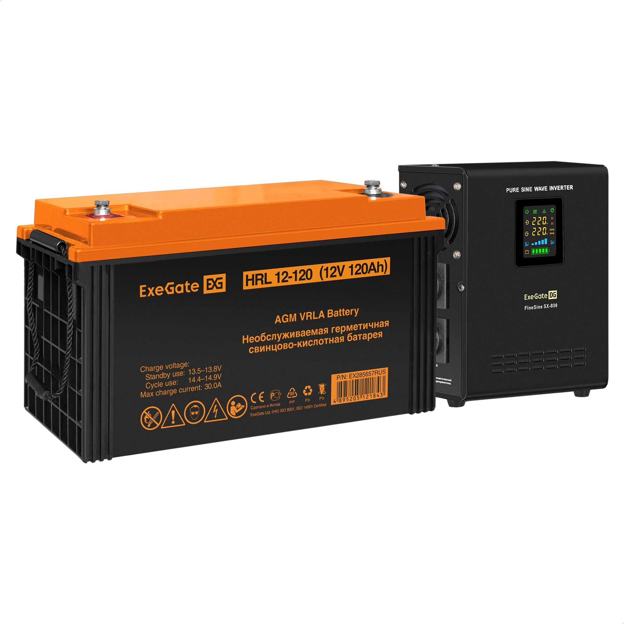 Комплект ИБП ExeGate FineSine SX-800.LCD.AVR.2SH + Батарея 120Aч, 1 шт. (ИБП  + АКБ , 1шт.)