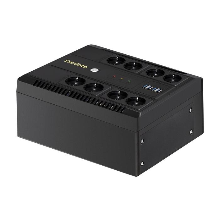 ИБП ExeGate NEO NNB-1000.LED.AVR.8SH.CH (1000VA/650W, LED, AVR, 8*Schuko, 4*USB-порта для зарядки, батарея 12V 9Ah, Black)