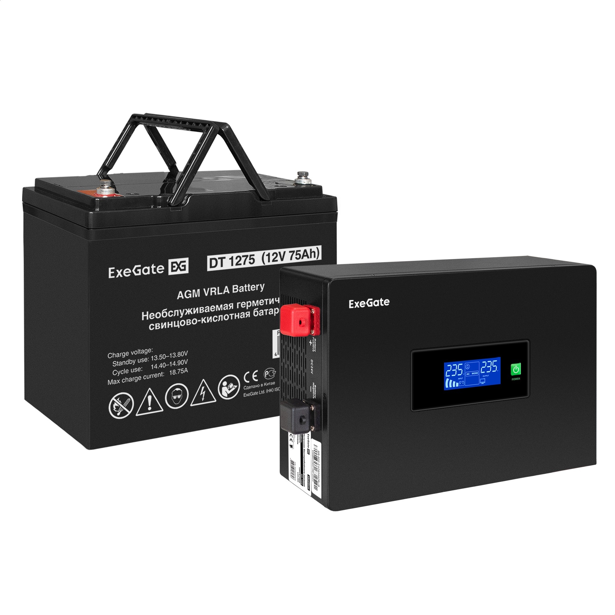 Комплект ИБП ExeGate IdealSine SR-600.LCD.2SH + Батарея 75Aч, 1 шт. (ИБП  + АКБ , 1шт.)