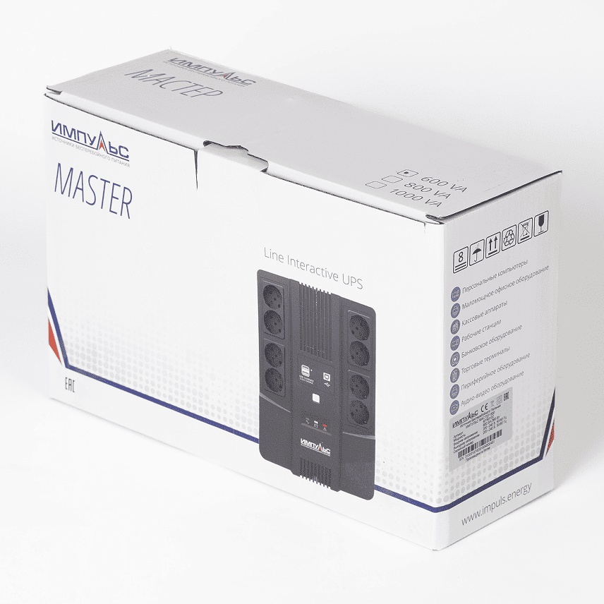 ИБП МАСТЕР 1000, 1000/600 ВА/Вт, LED, USB, RJ11/RJ45, SCHUKOx8 Импульс MT10201