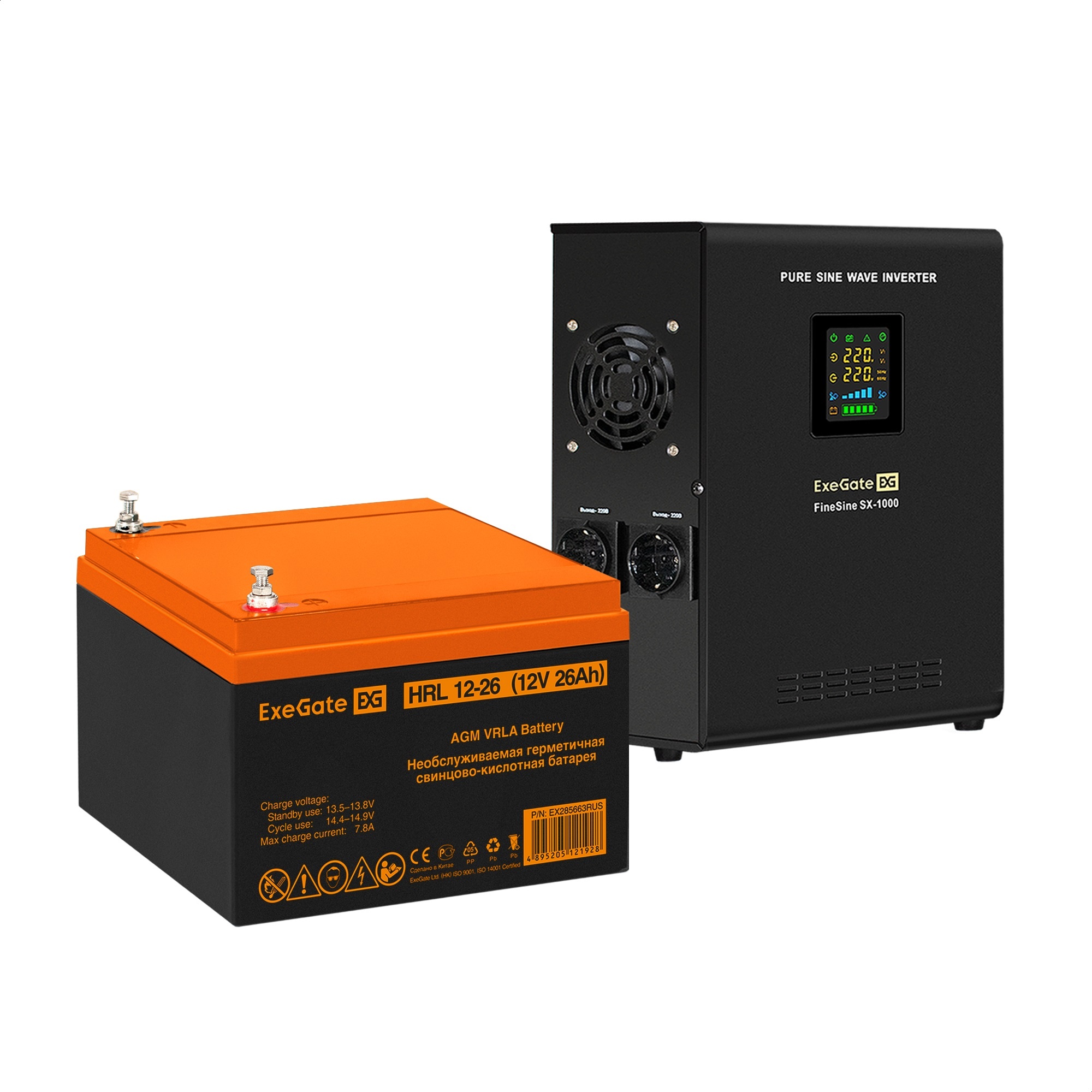 Комплект ИБП ExeGate FineSine SX-1000.LCD.AVR.2SH + Батарея 26Aч, 1 шт. (ИБП  + АКБ , 1шт.)