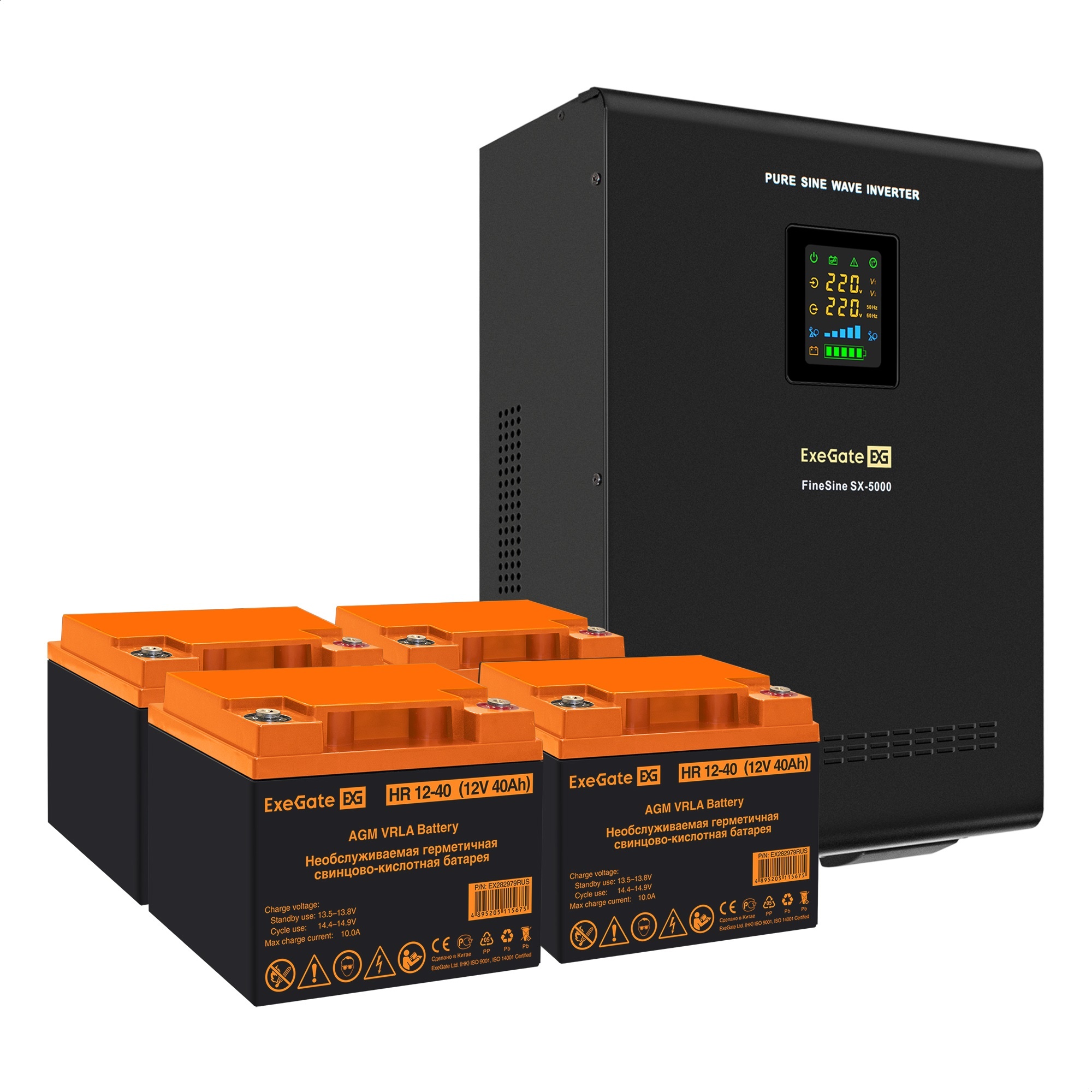 Комплект ИБП ExeGate FineSine SX-5000.LCD.AVR.2SH.T + Батарея 40Aч, 4 шт. (ИБП  + АКБ , 4шт.)