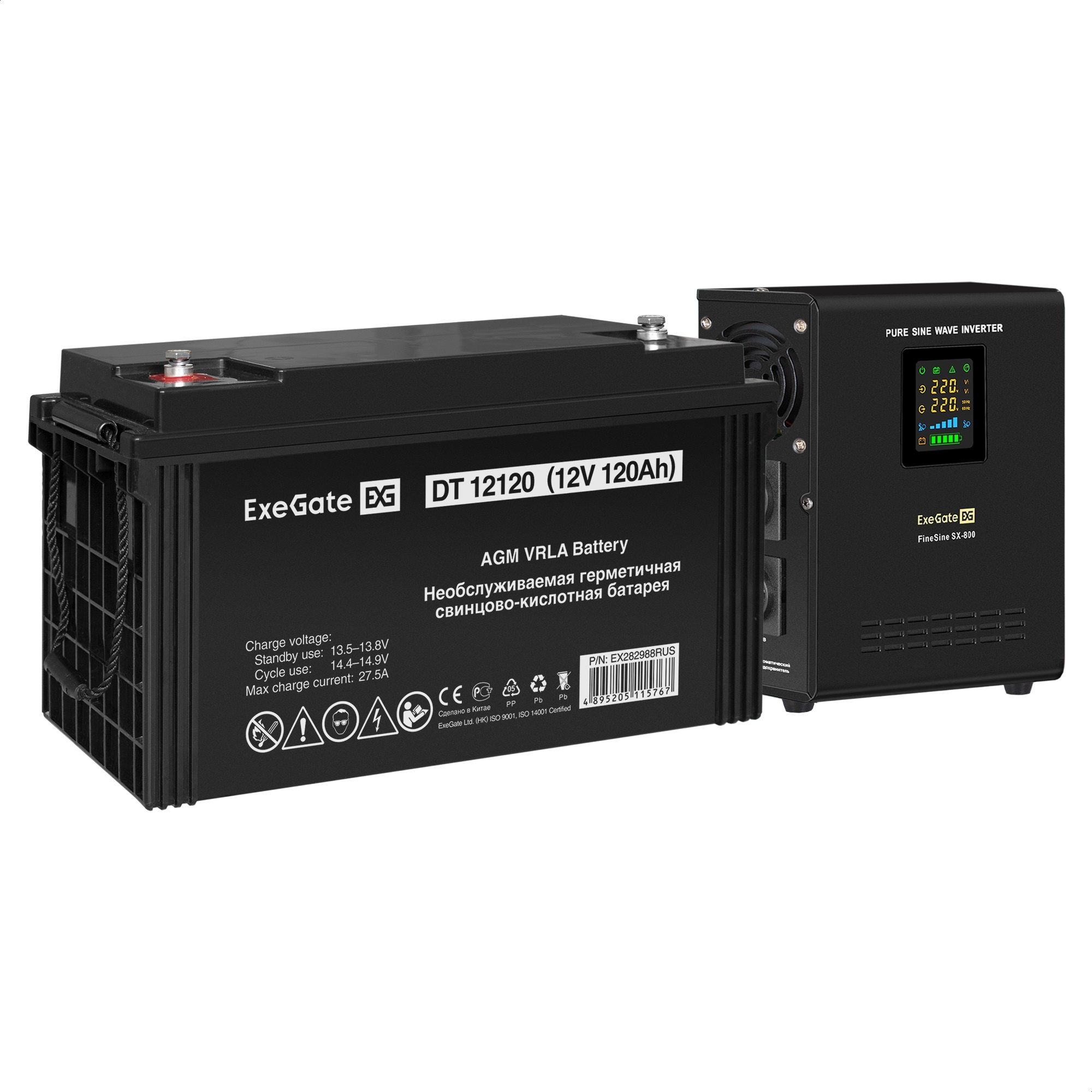 Комплект ИБП ExeGate FineSine SX-800.LCD.AVR.2SH + Батарея 120Aч, 1 шт. (ИБП  + АКБ , 1шт.)