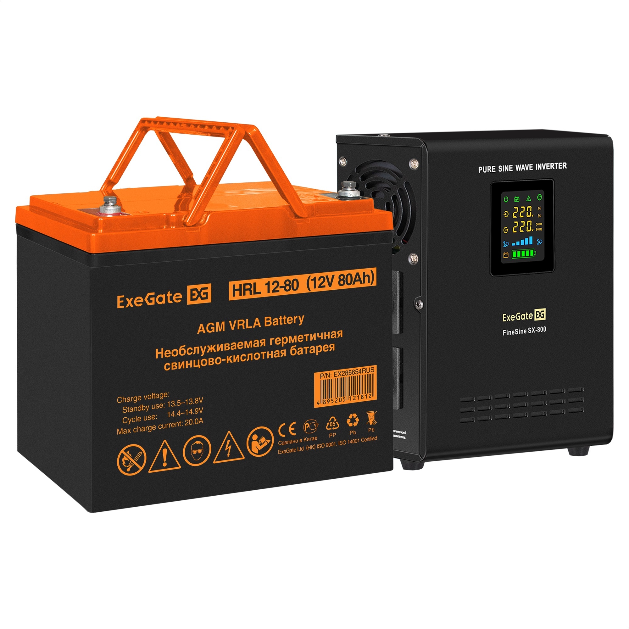 Комплект ИБП ExeGate FineSine SX-800.LCD.AVR.2SH + Батарея 80Aч, 1 шт. (ИБП  + АКБ , 1шт.)