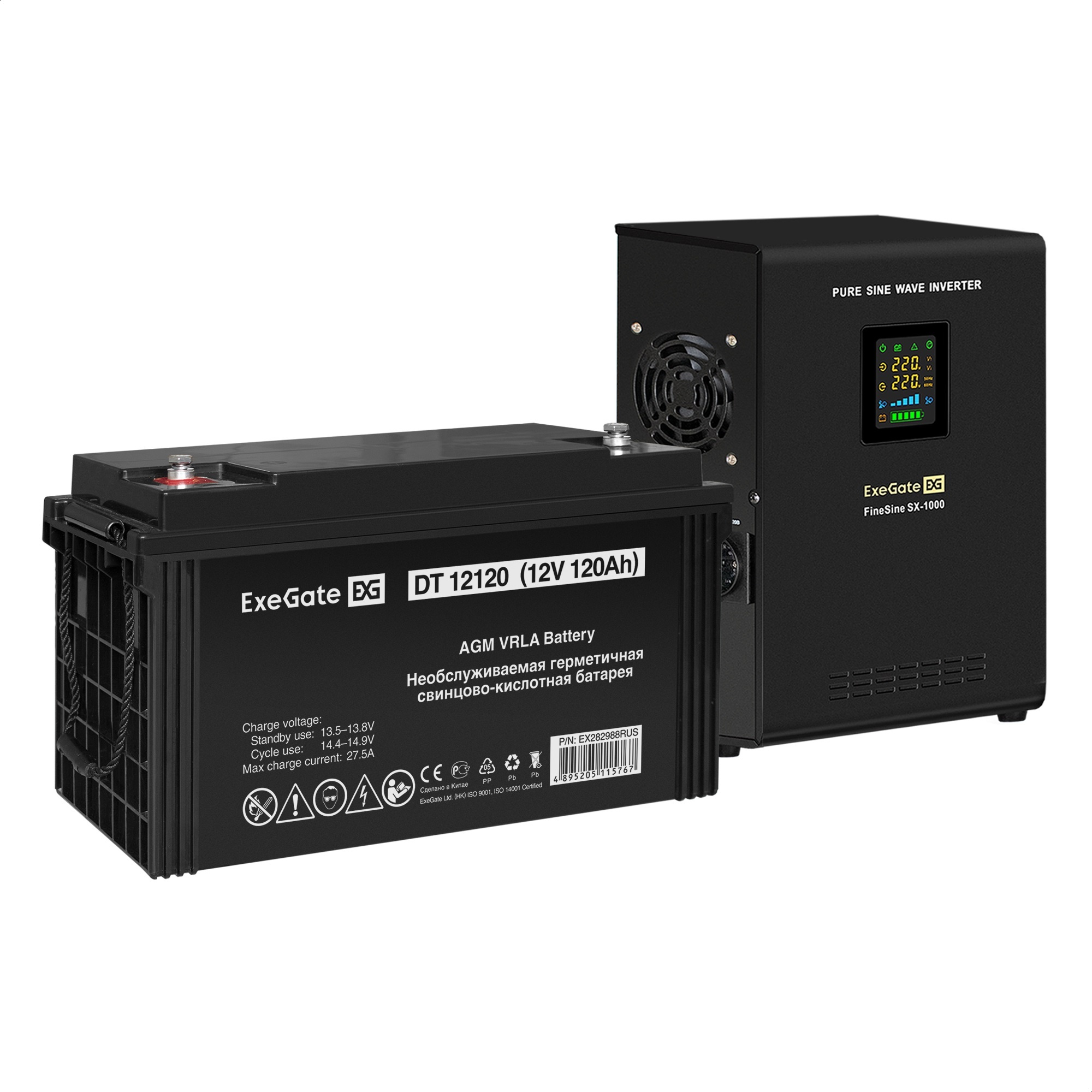 Комплект ИБП ExeGate FineSine SX-1000.LCD.AVR.2SH + Батарея 120Aч, 1 шт. (ИБП  + АКБ , 1шт.)