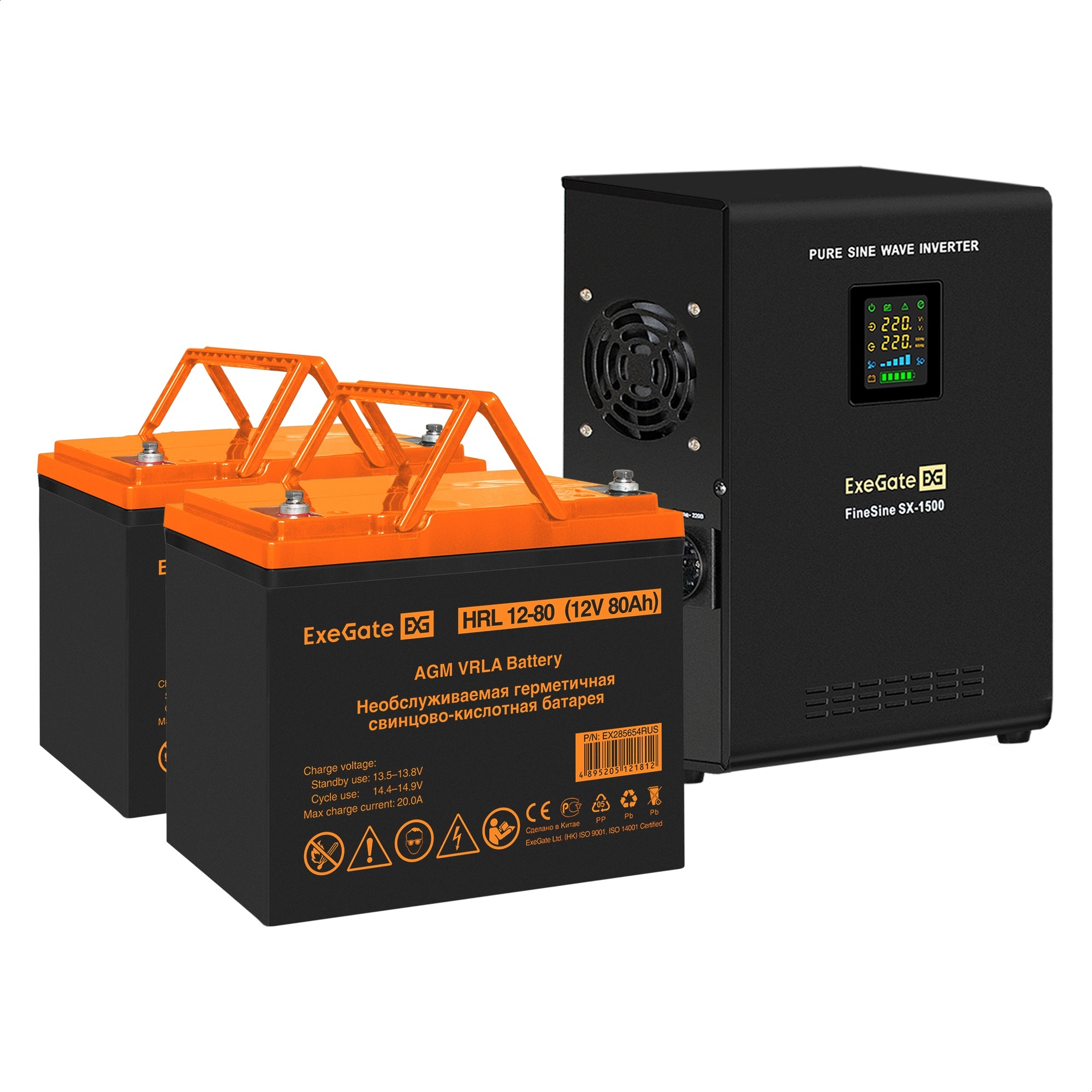 Комплект ИБП ExeGate FineSine SX-1500.LCD.AVR.2SH + Батарея 80Aч, 2 шт. (ИБП  + АКБ , 2шт.)