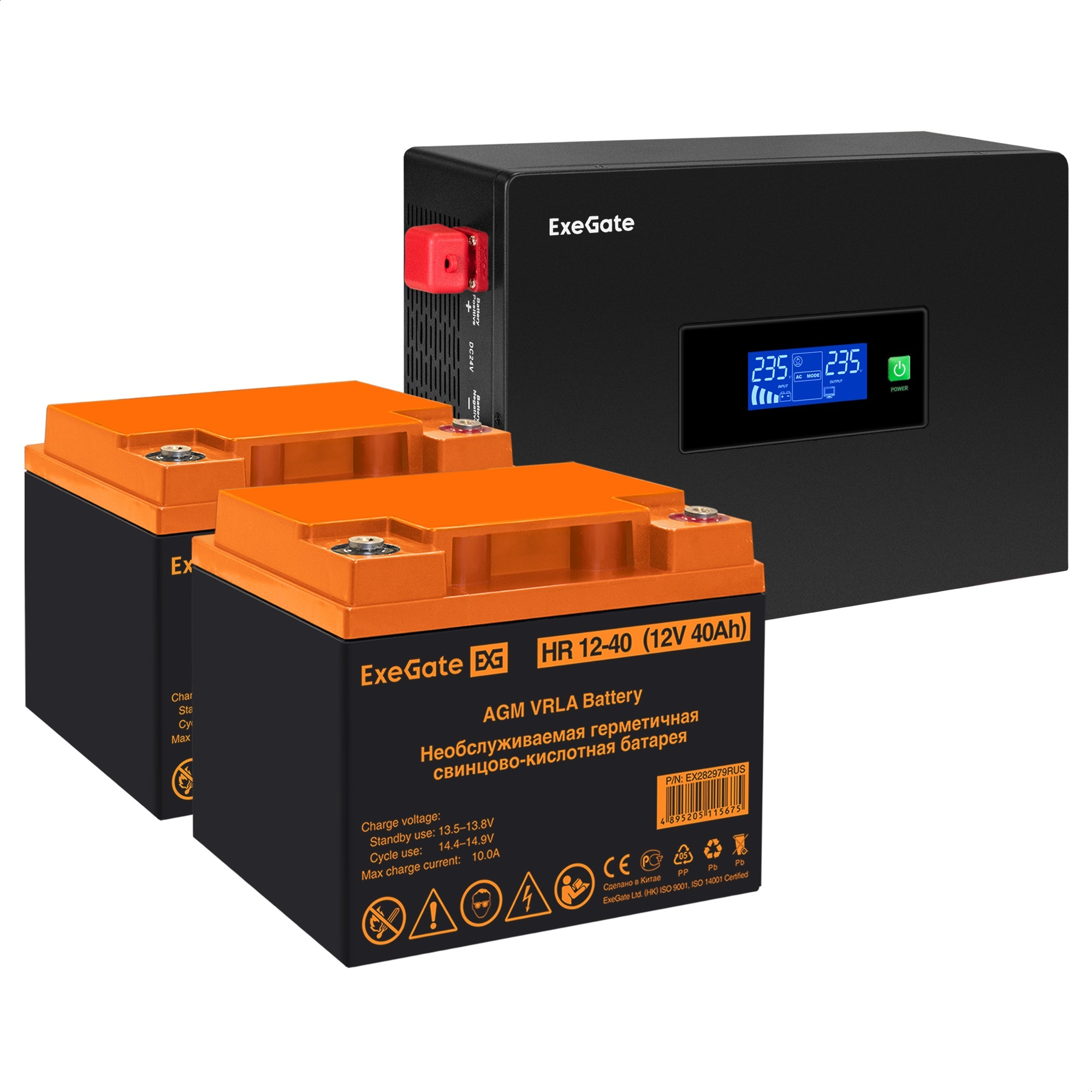 Комплект ИБП ExeGate IdealSine SR-1500.LCD.2SH + Батарея 40Aч, 2 шт. (ИБП  + АКБ , 2шт.)