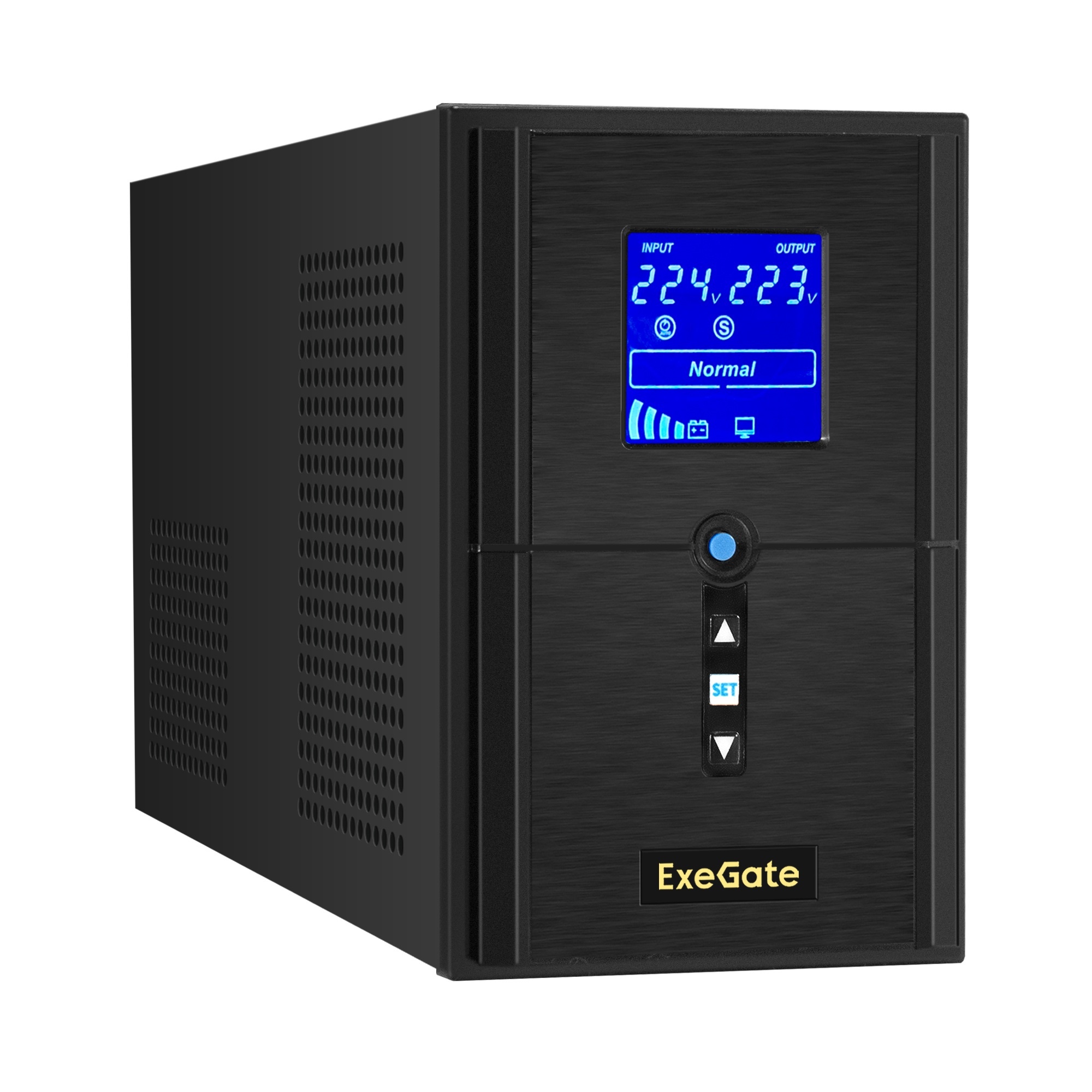 ИБП (инвертор, синус, для котла) ExeGate SineTower SN-1500.LCD.AVR.2SH.1C13.USB (1500VA/1200W, чистая синусоида, LCD дисплей, AVR, 2*Schuko+1*C13, USB, батарея 12V 9Ah - 2 шт., линейно-интерактивный, Black)