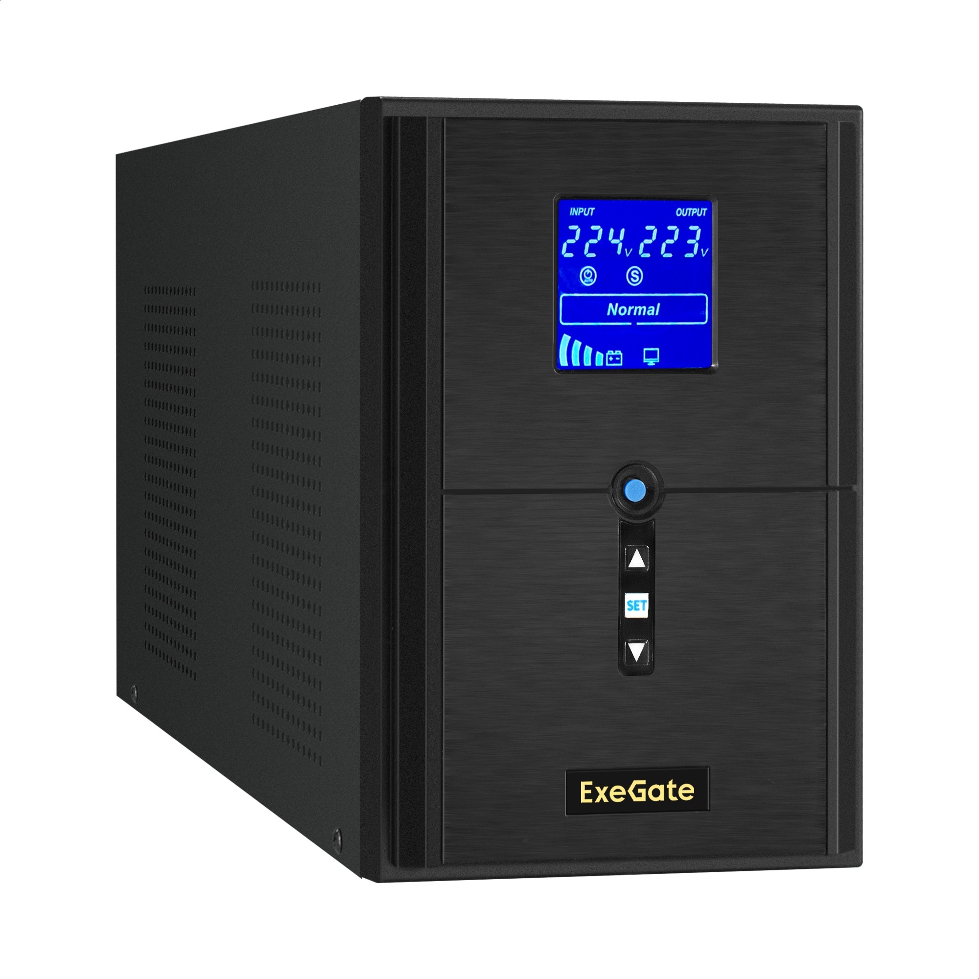 ИБП (инвертор, синус, для котла) ExeGate SineTower SN-2000.LCD.AVR.3SH.1C13.RJ.USB (2000VA/1600W, чистая синусоида, LCD дисплей, AVR, 3*Schuko+1*C13, RJ45/11, USB, батарея 12V 9Ah - 4 шт., линейно-интерактивный, Black)