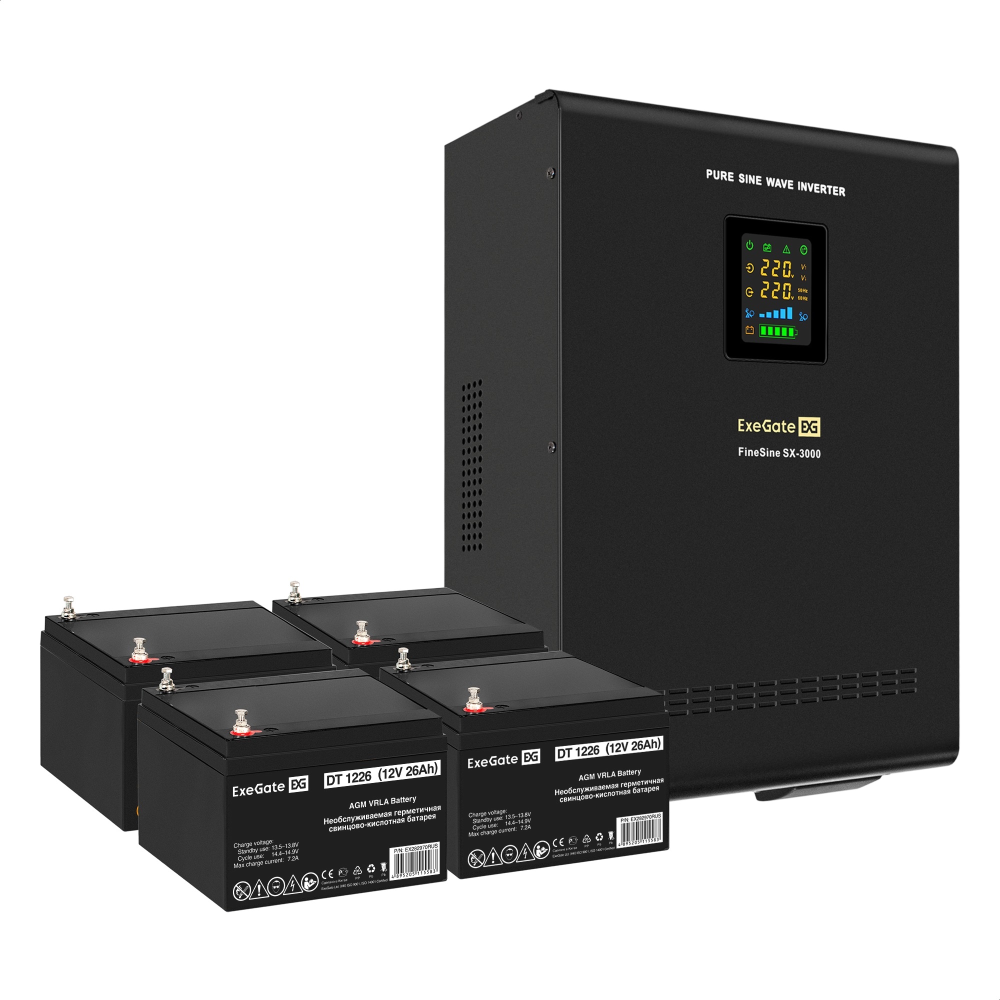 Комплект ИБП ExeGate FineSine SX-3000.LCD.AVR.2SH.T + Батарея 26Aч, 4 шт. (ИБП  + АКБ , 4шт.)