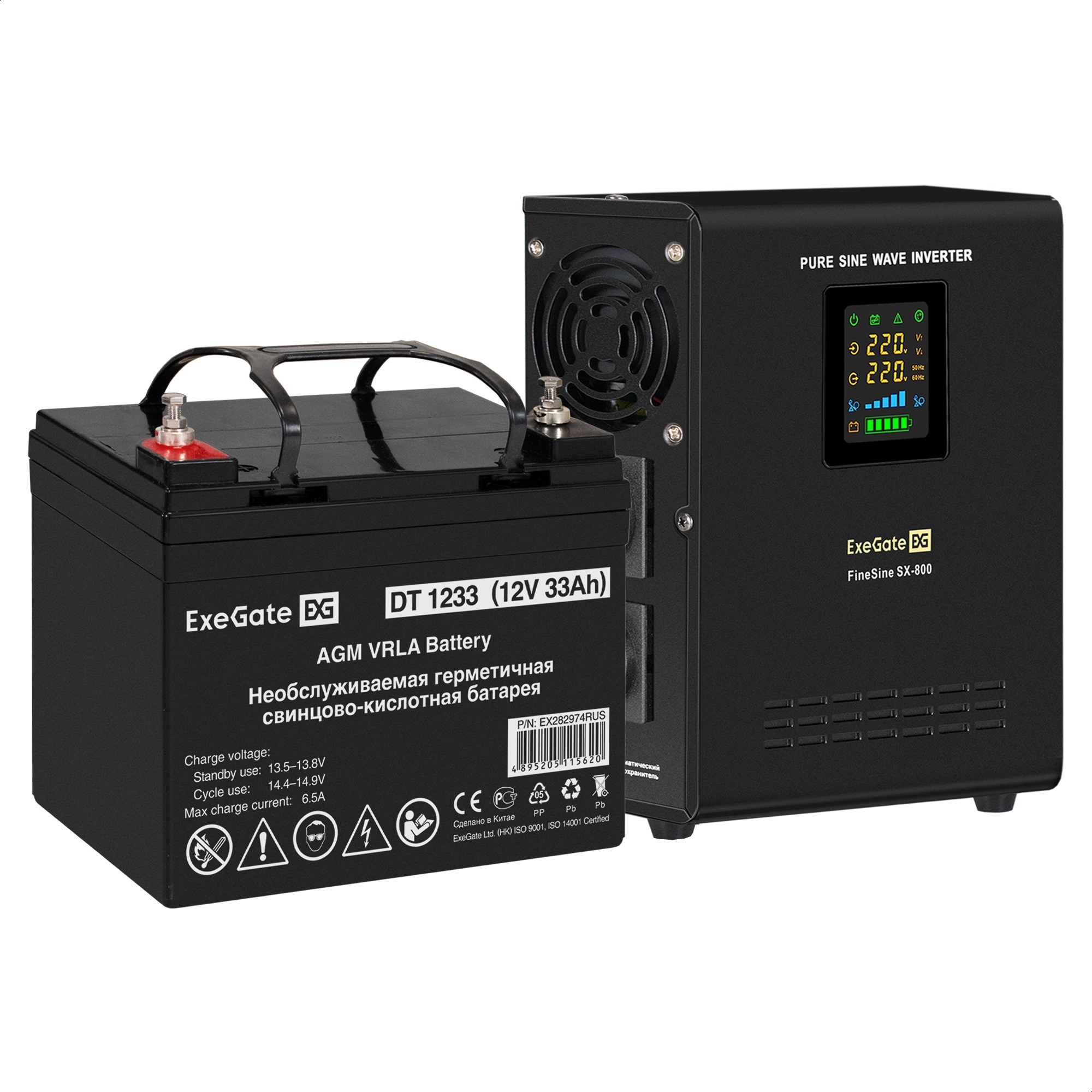 Комплект ИБП ExeGate FineSine SX-800.LCD.AVR.2SH + Батарея 33Aч, 1 шт. (ИБП  + АКБ , 1шт.)