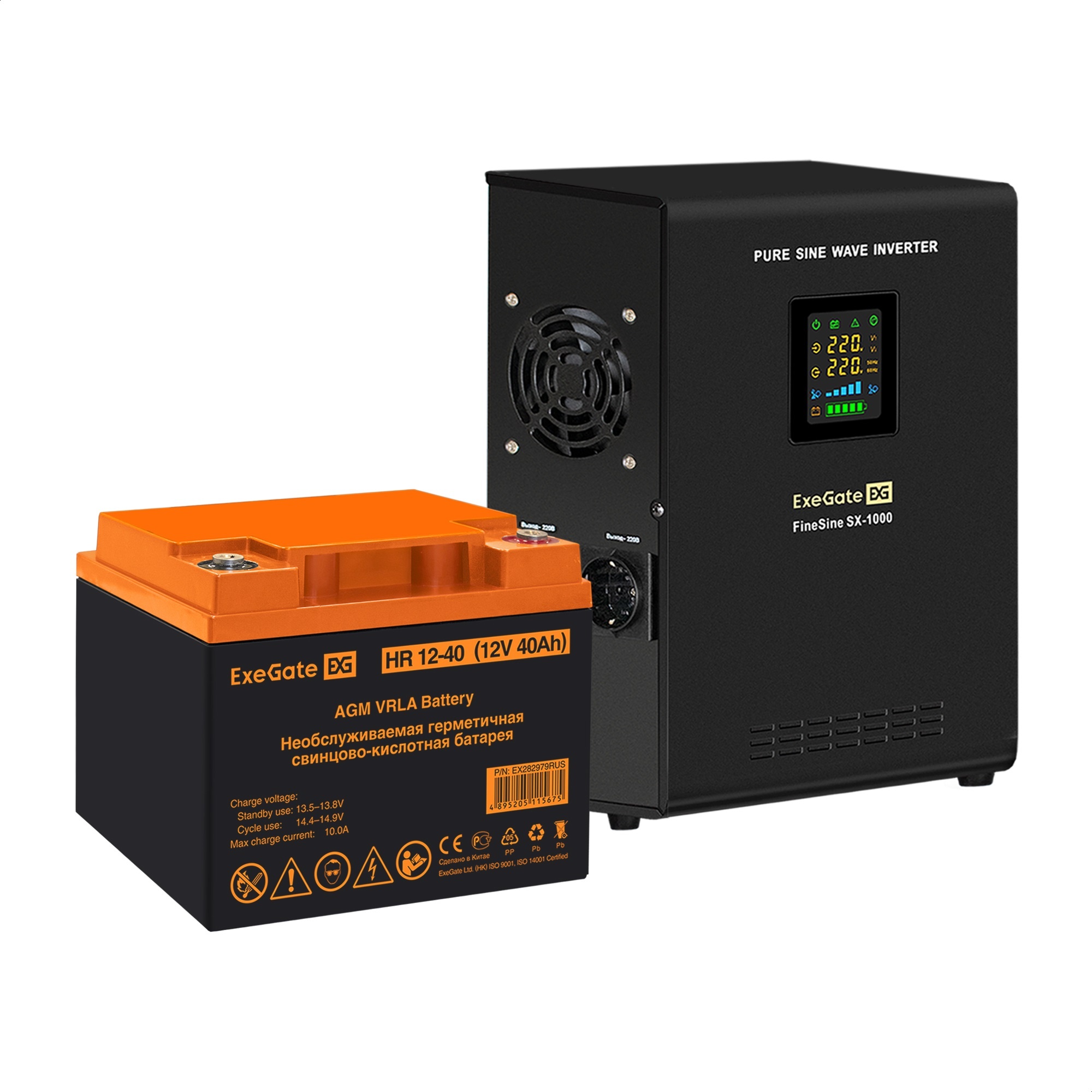 Комплект ИБП ExeGate FineSine SX-1000.LCD.AVR.2SH + Батарея 40Aч, 1 шт. (ИБП  + АКБ , 1шт.)