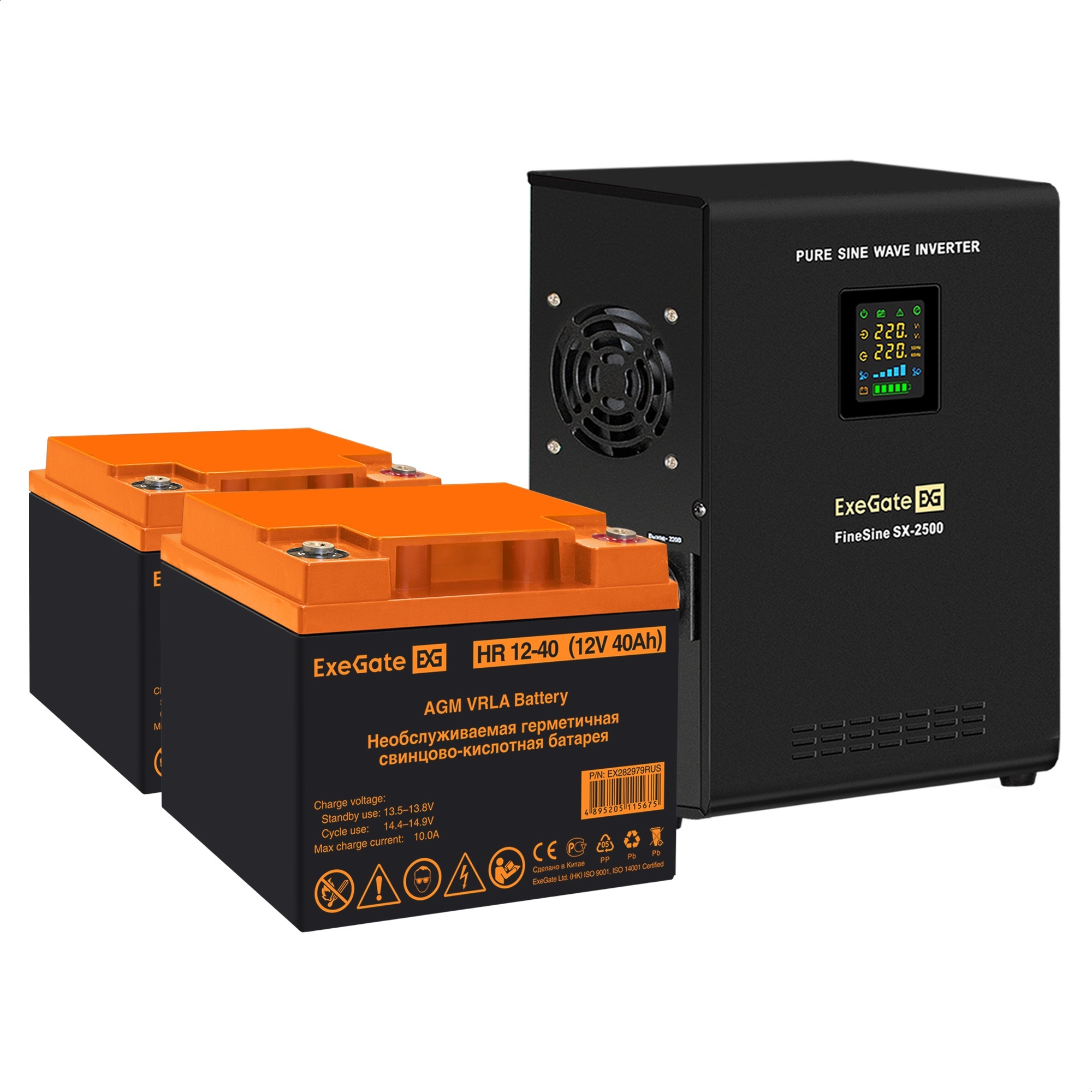 Комплект ИБП ExeGate FineSine SX-2500.LCD.AVR.2SH + Батарея 40Aч, 2 шт. (ИБП  + АКБ , 2шт.)