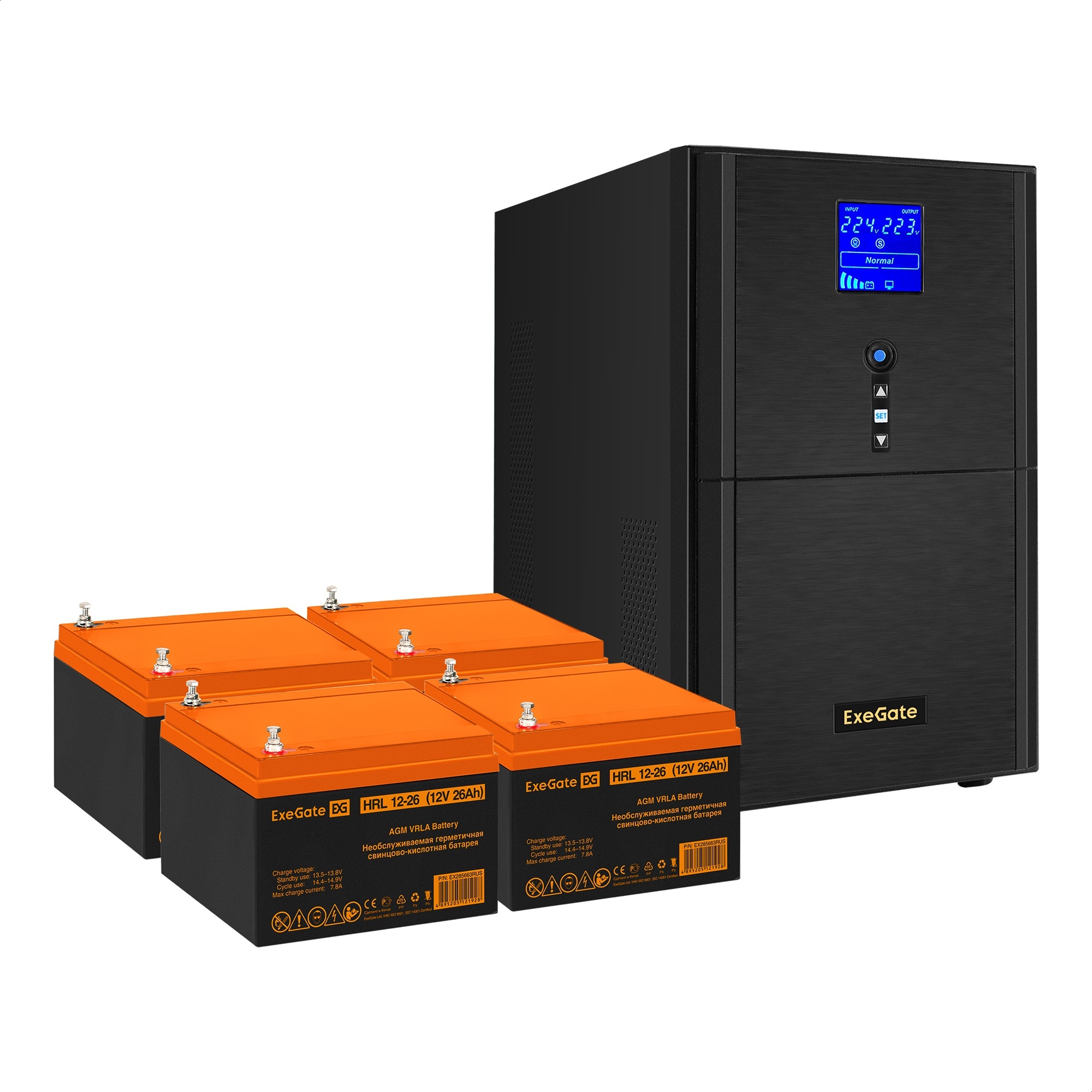 Комплект ИБП ExeGate SineTower SZ-5000.LCD.AVR.2SH.1C13.T.RJ.USB + Батарея 26Aч, 4 шт. (ИБП  + АКБ , 4шт.)
