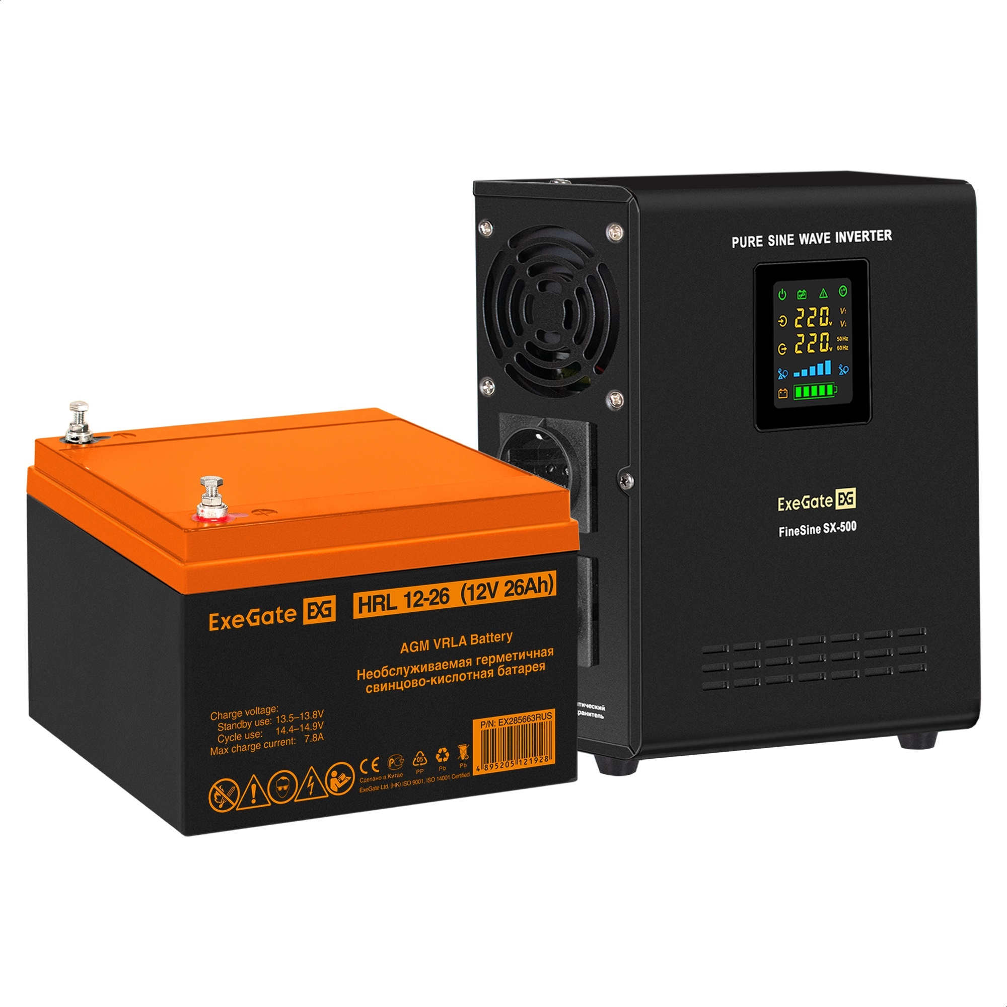 Комплект ИБП ExeGate FineSine SX-500.LCD.AVR.2SH + Батарея 26Aч, 1 шт. (ИБП  + АКБ , 1шт.)