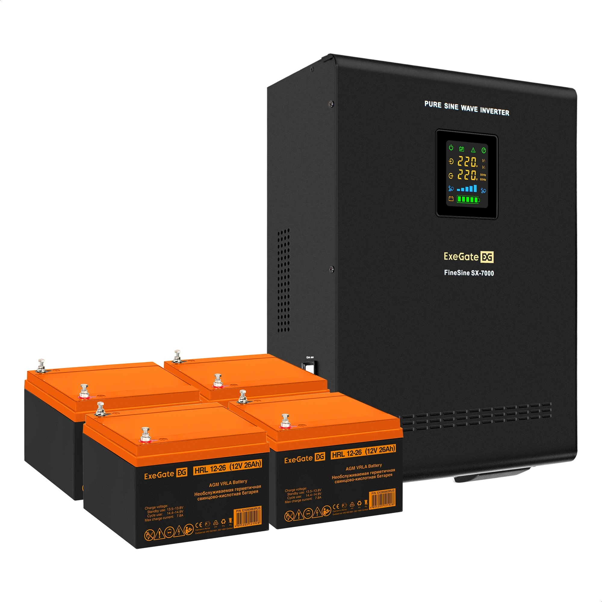 Комплект ИБП ExeGate FineSine SX-7000.LCD.AVR.2SH.T + Батарея 26Aч, 4 шт. (ИБП  + АКБ , 4шт.)