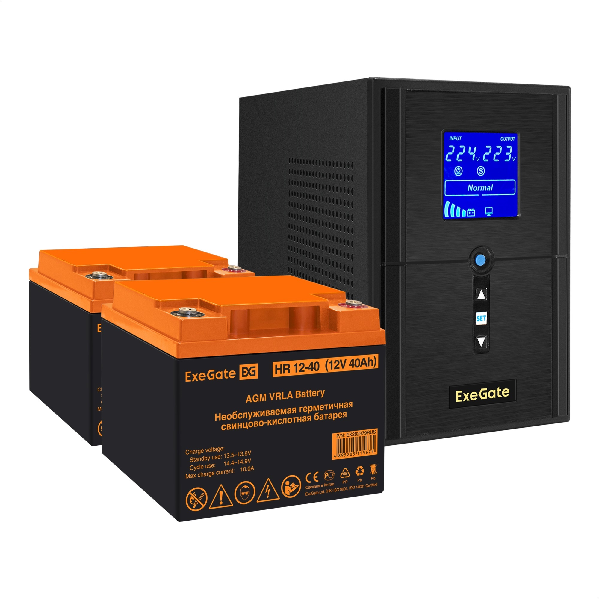 Комплект ИБП ExeGate SineTower SZ-1000.LCD.AVR.2SH.1C13.USB + Батарея 40Aч, 2 шт. (ИБП  + АКБ , 2шт.)