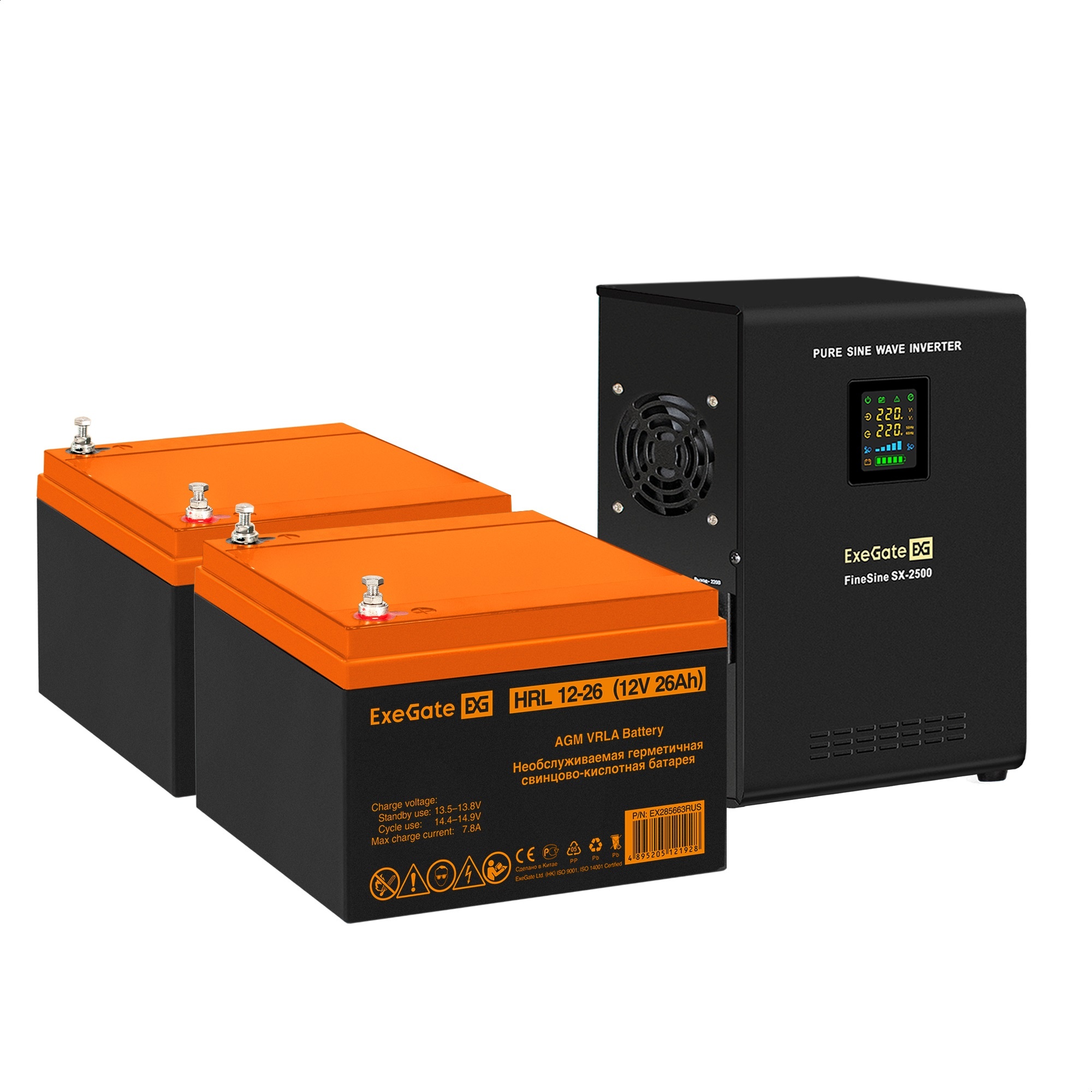 Комплект ИБП ExeGate FineSine SX-2500.LCD.AVR.2SH + Батарея 26Aч, 2 шт. (ИБП  + АКБ , 2шт.)
