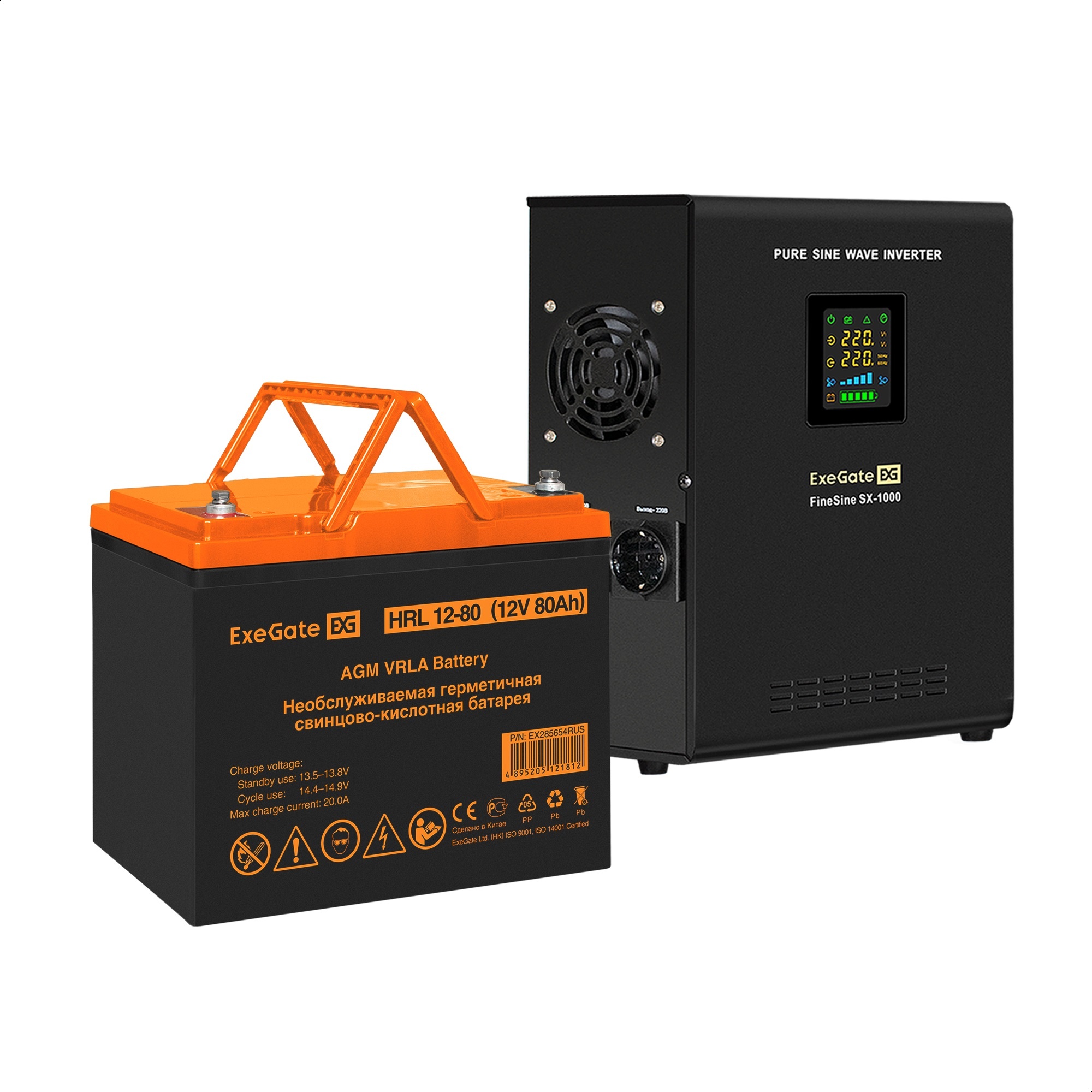 Комплект ИБП ExeGate FineSine SX-1000.LCD.AVR.2SH + Батарея 80Aч, 1 шт. (ИБП  + АКБ , 1шт.)