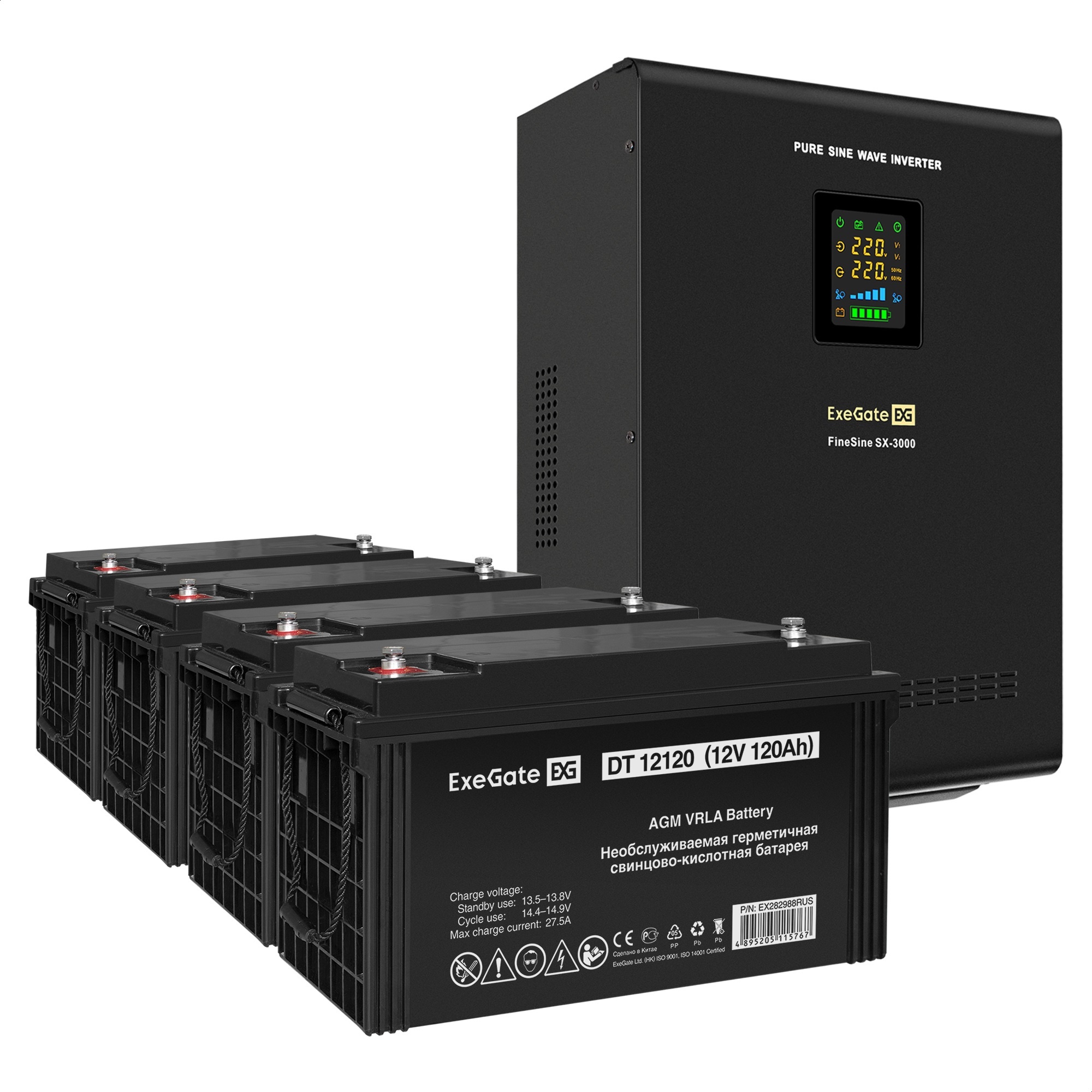 Комплект ИБП ExeGate FineSine SX-3000.LCD.AVR.2SH.T + Батарея 120Aч, 4 шт. (ИБП  + АКБ , 4шт.)
